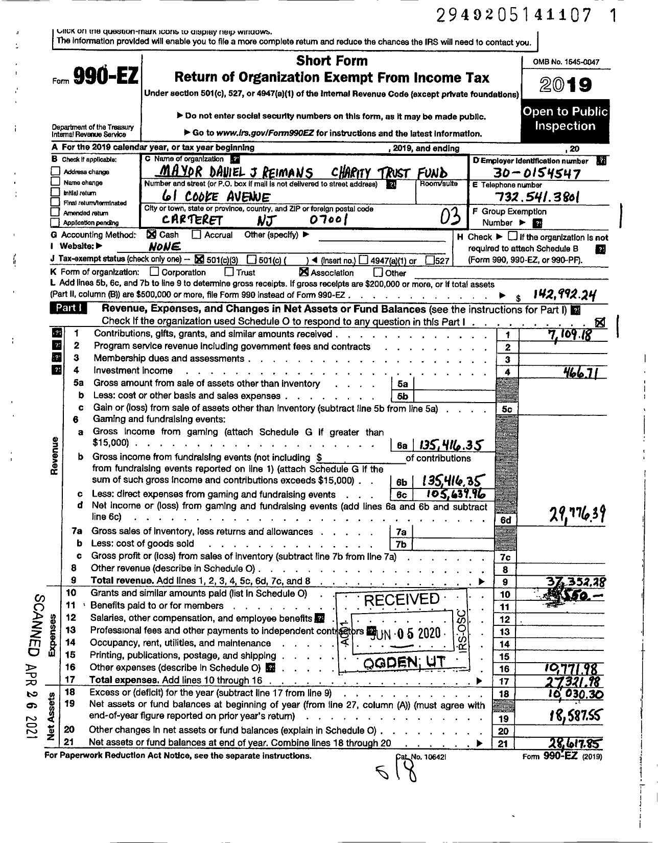 Image of first page of 2019 Form 990EZ for Mayor Daniel J Reimans Charity Trust Fund