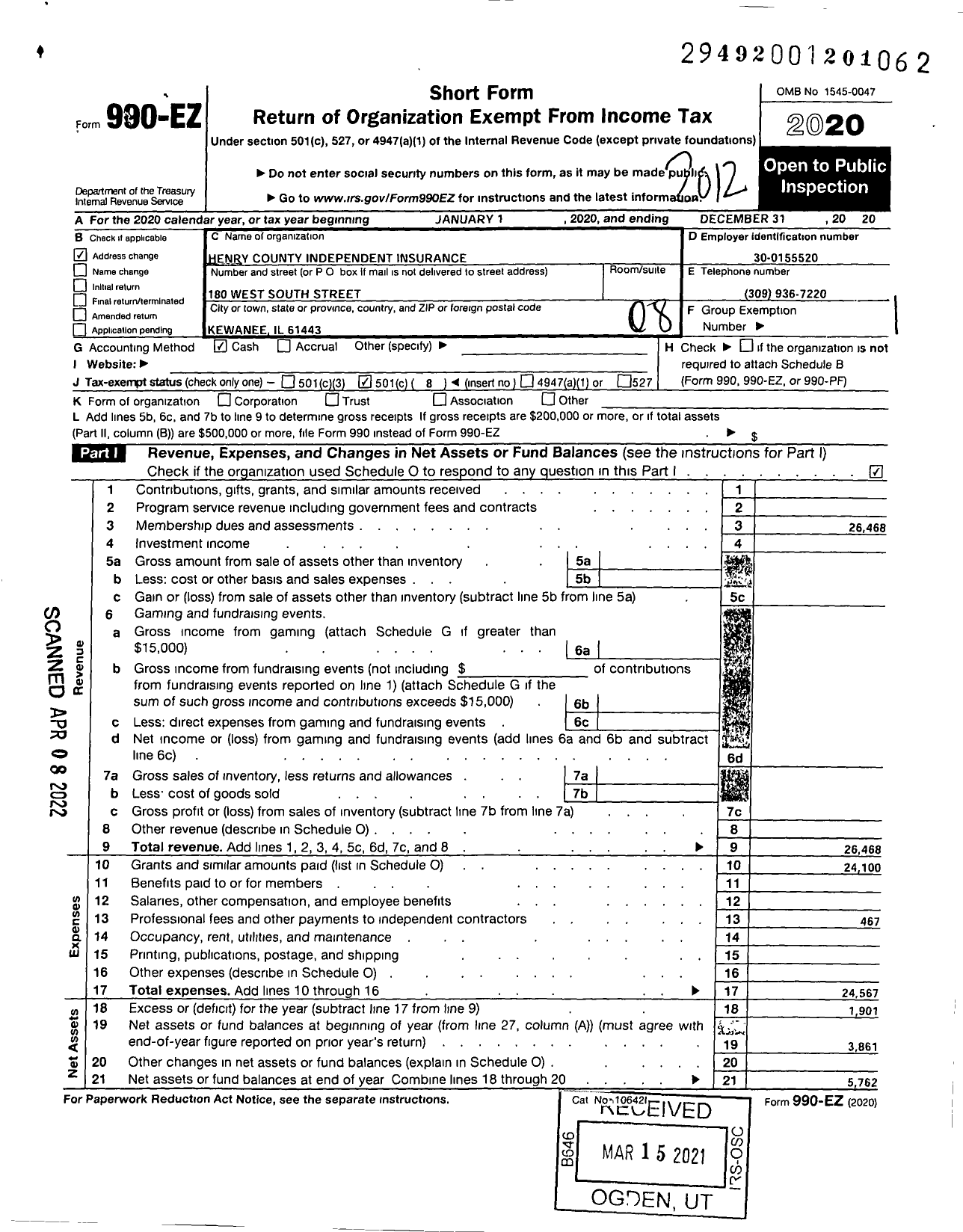 Image of first page of 2020 Form 990EO for Henry County Independent Insurance