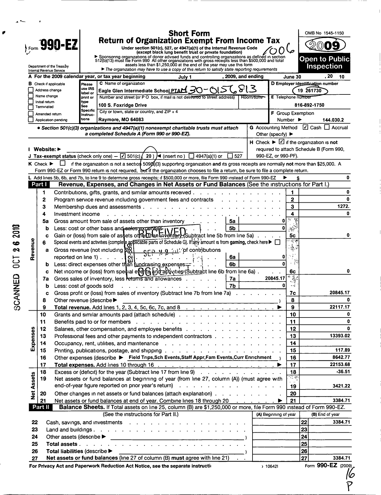 Image of first page of 2009 Form 990EZ for PTA Missouri Congress / Eagle Glen Elementary PTA