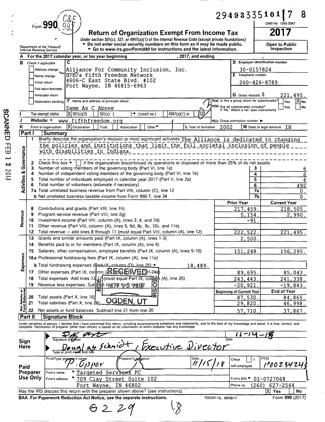 Image of first page of 2017 Form 990 for Fifth Freedom Network