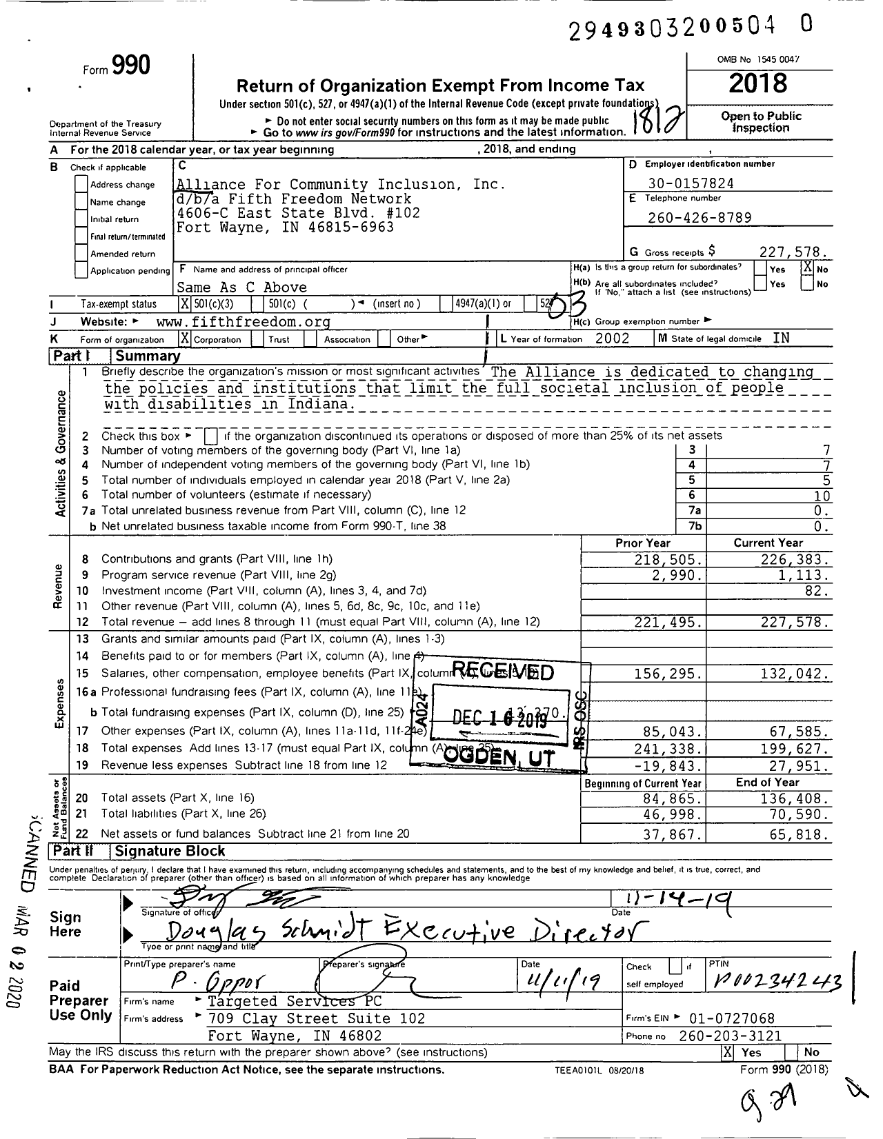 Image of first page of 2018 Form 990 for Fifth Freedom Network
