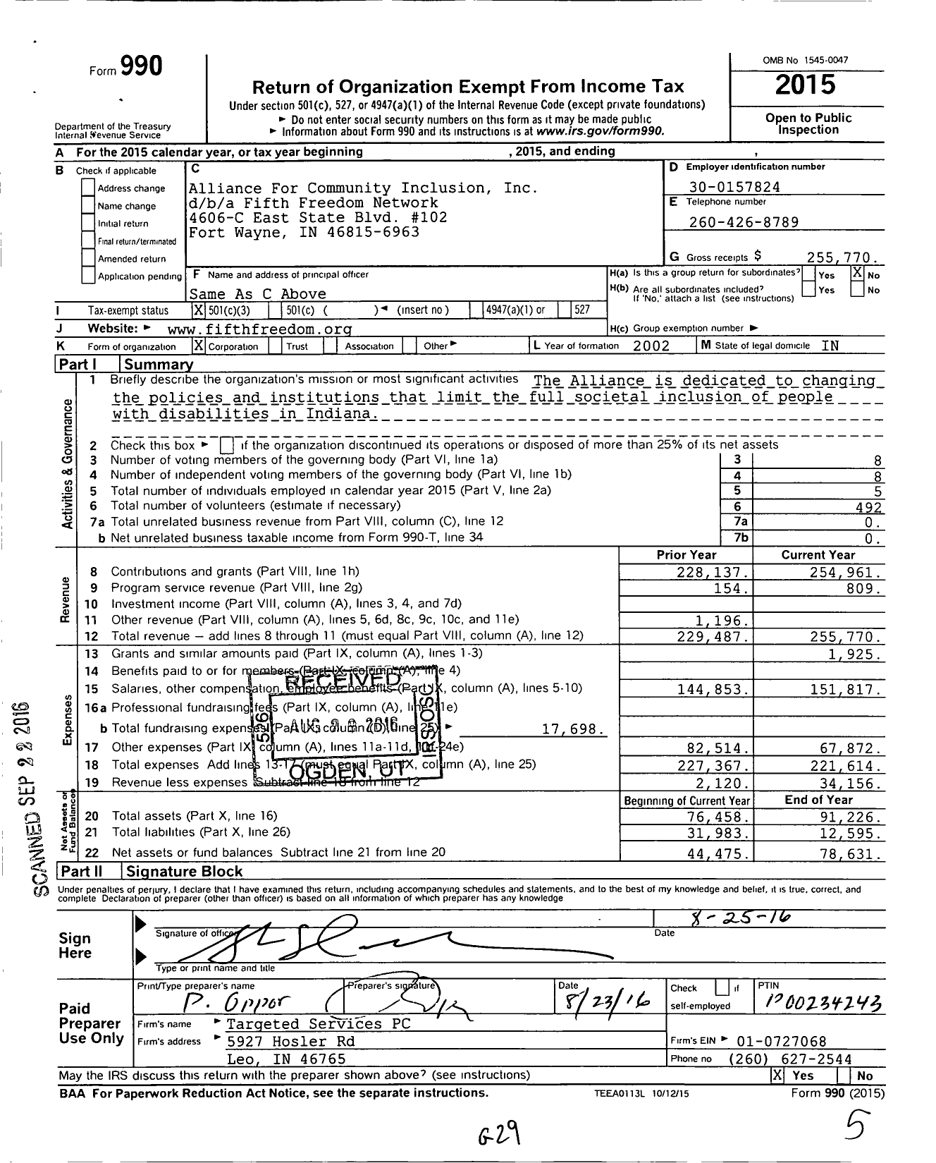 Image of first page of 2015 Form 990 for Fifth Freedom Network