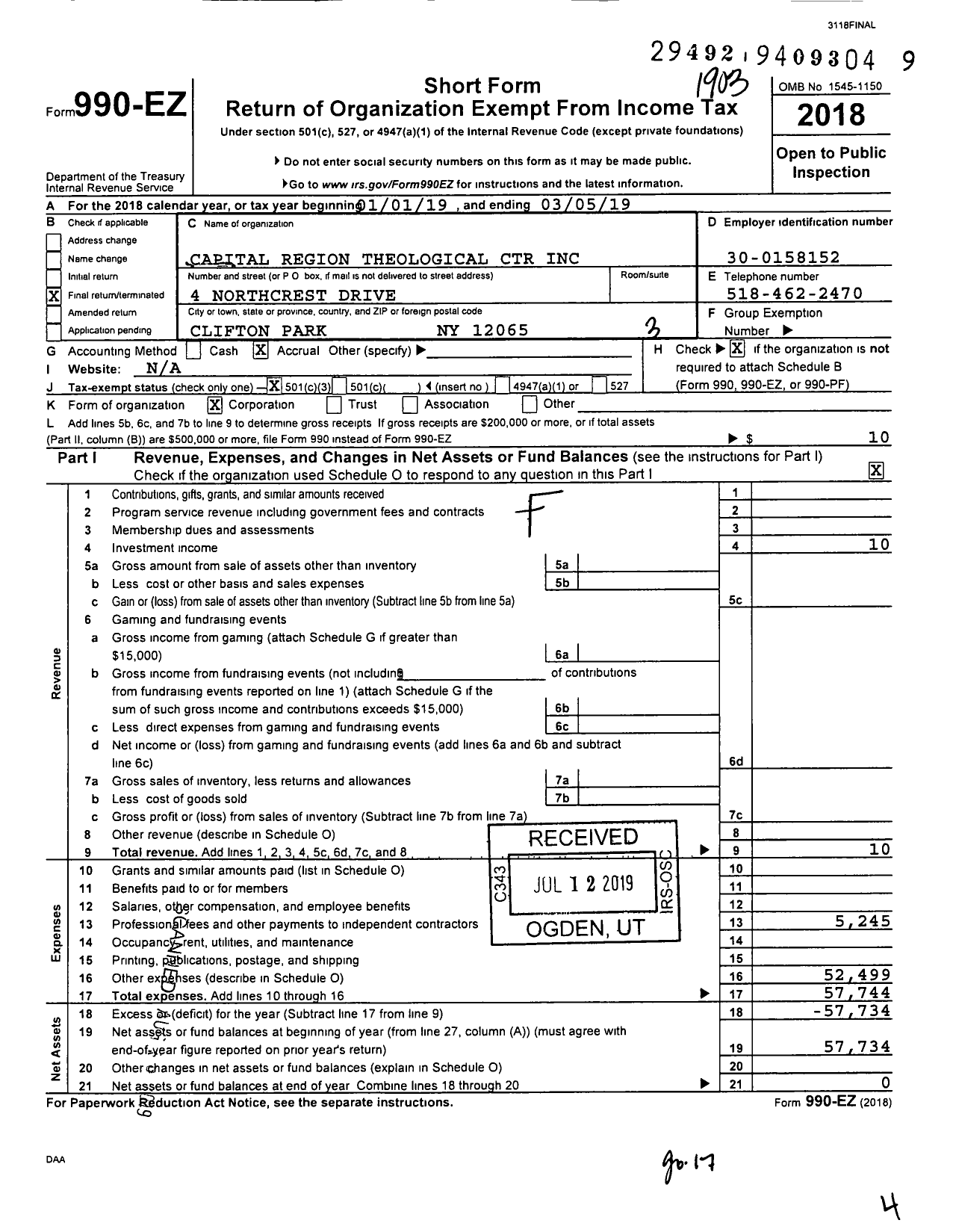 Image of first page of 2018 Form 990EZ for Capital Region Theological Center