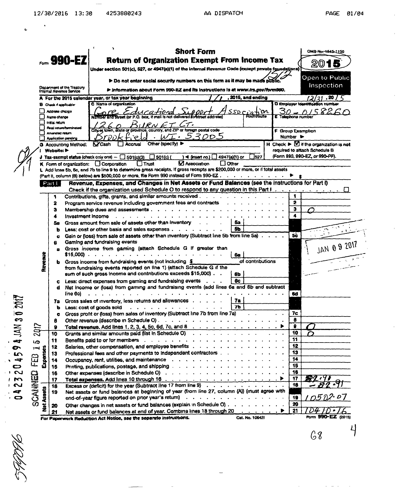 Image of first page of 2015 Form 990EO for Gore Educational Support Association