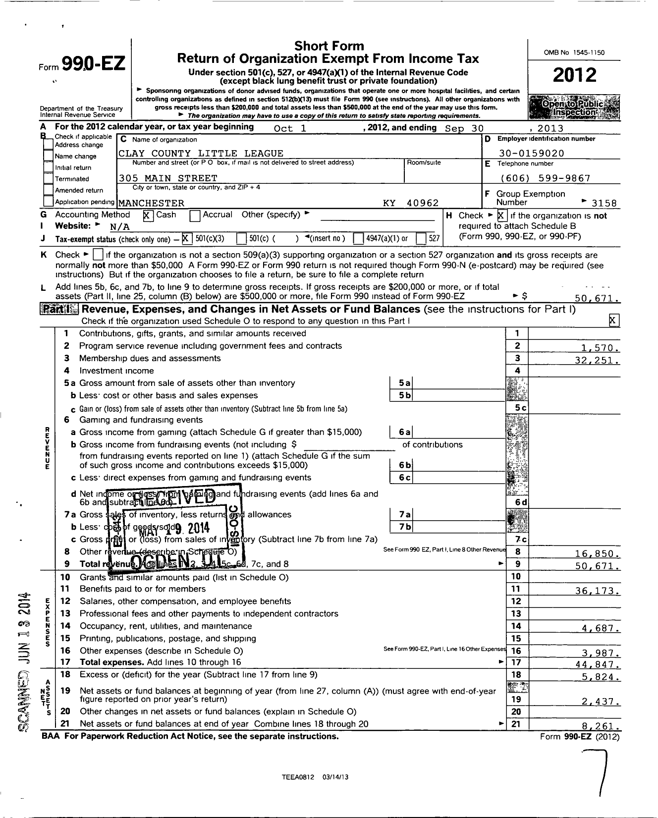 Image of first page of 2012 Form 990EZ for Little League Baseball - 3170413 Clay County LL