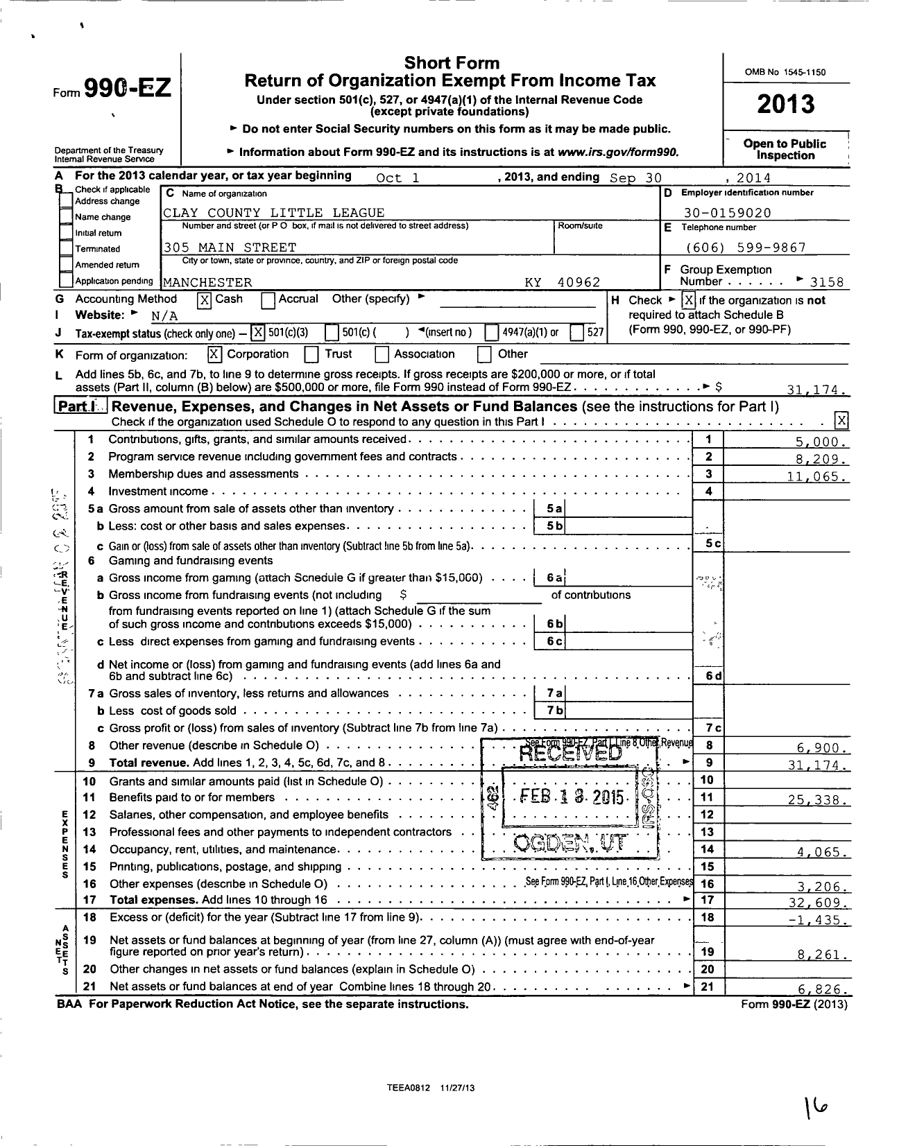 Image of first page of 2013 Form 990EZ for Little League Baseball - 3170413 Clay County LL