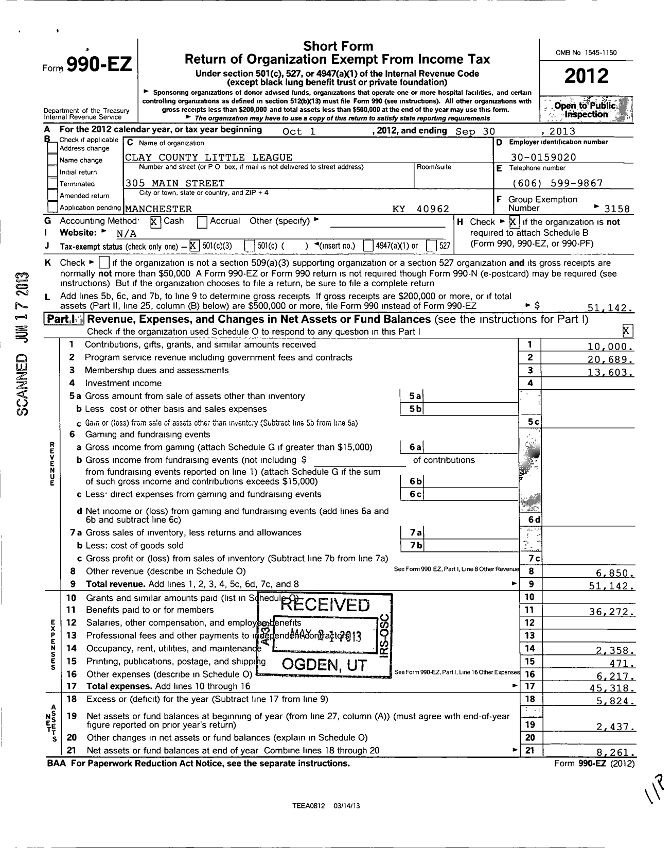 Image of first page of 2012 Form 990EZ for Little League Baseball - 3170413 Clay County LL