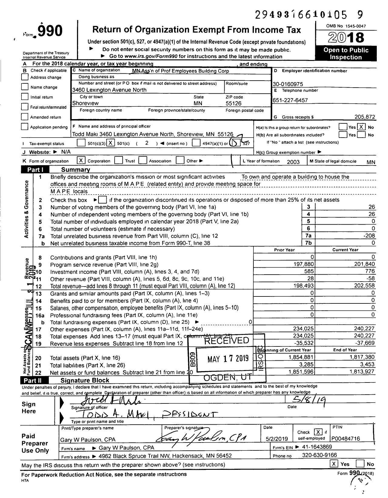 Image of first page of 2018 Form 990O for Minnesota Association of Professional Employees Building Corporation
