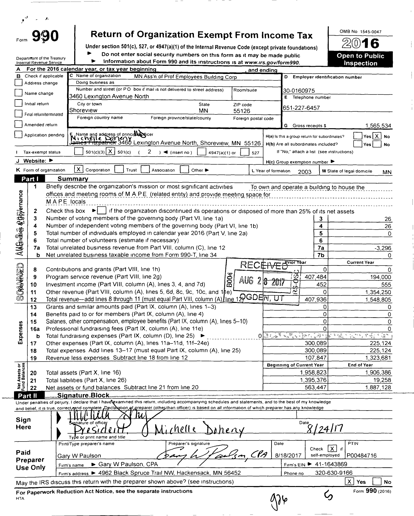 Image of first page of 2016 Form 990O for Minnesota Association of Professional Employees Building Corporation