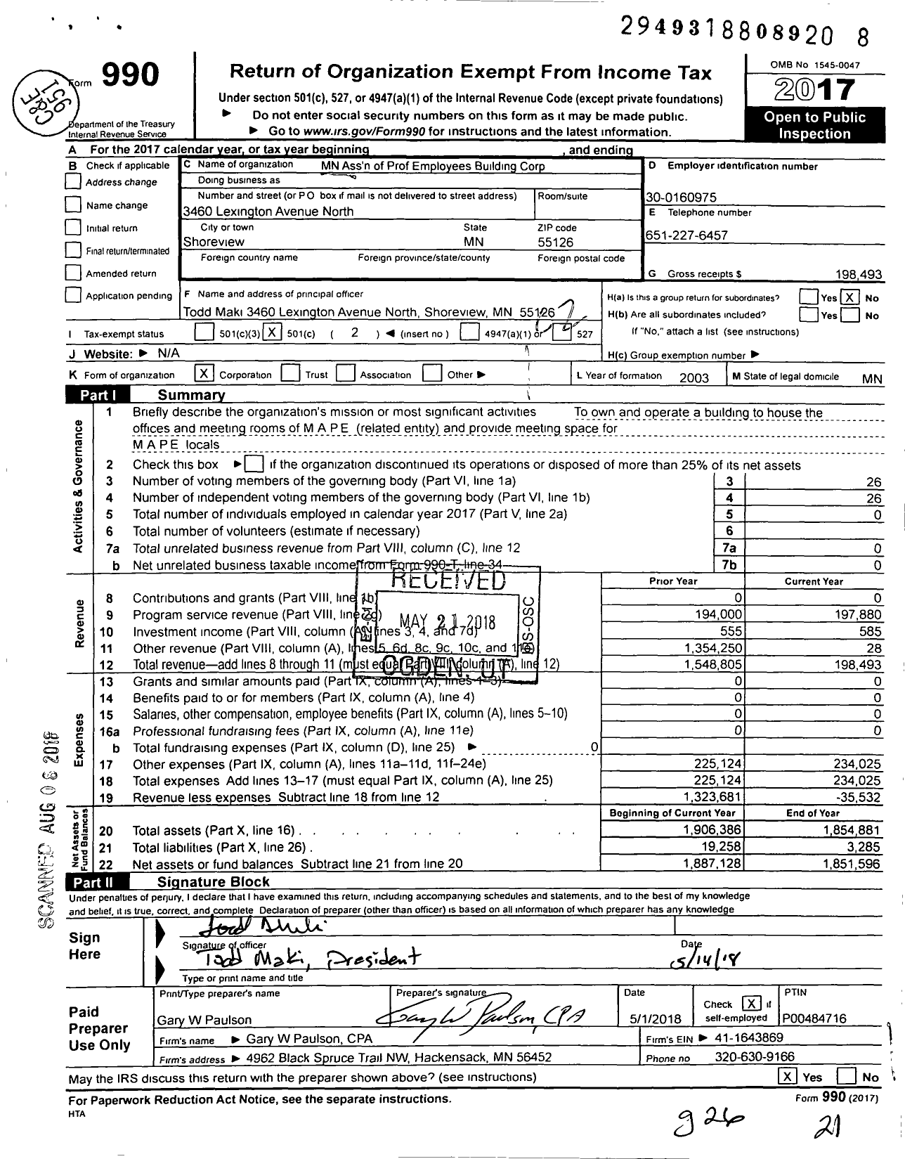 Image of first page of 2017 Form 990O for Minnesota Association of Professional Employees Building Corporation