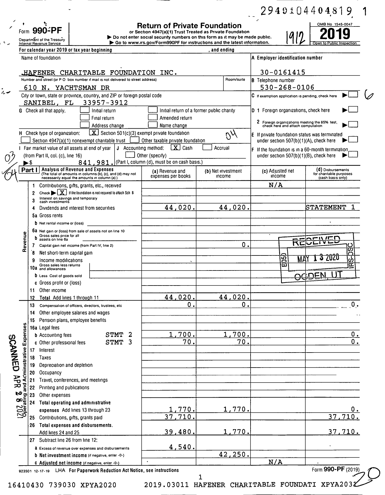 Image of first page of 2019 Form 990PF for Hafener Charitable Foundation