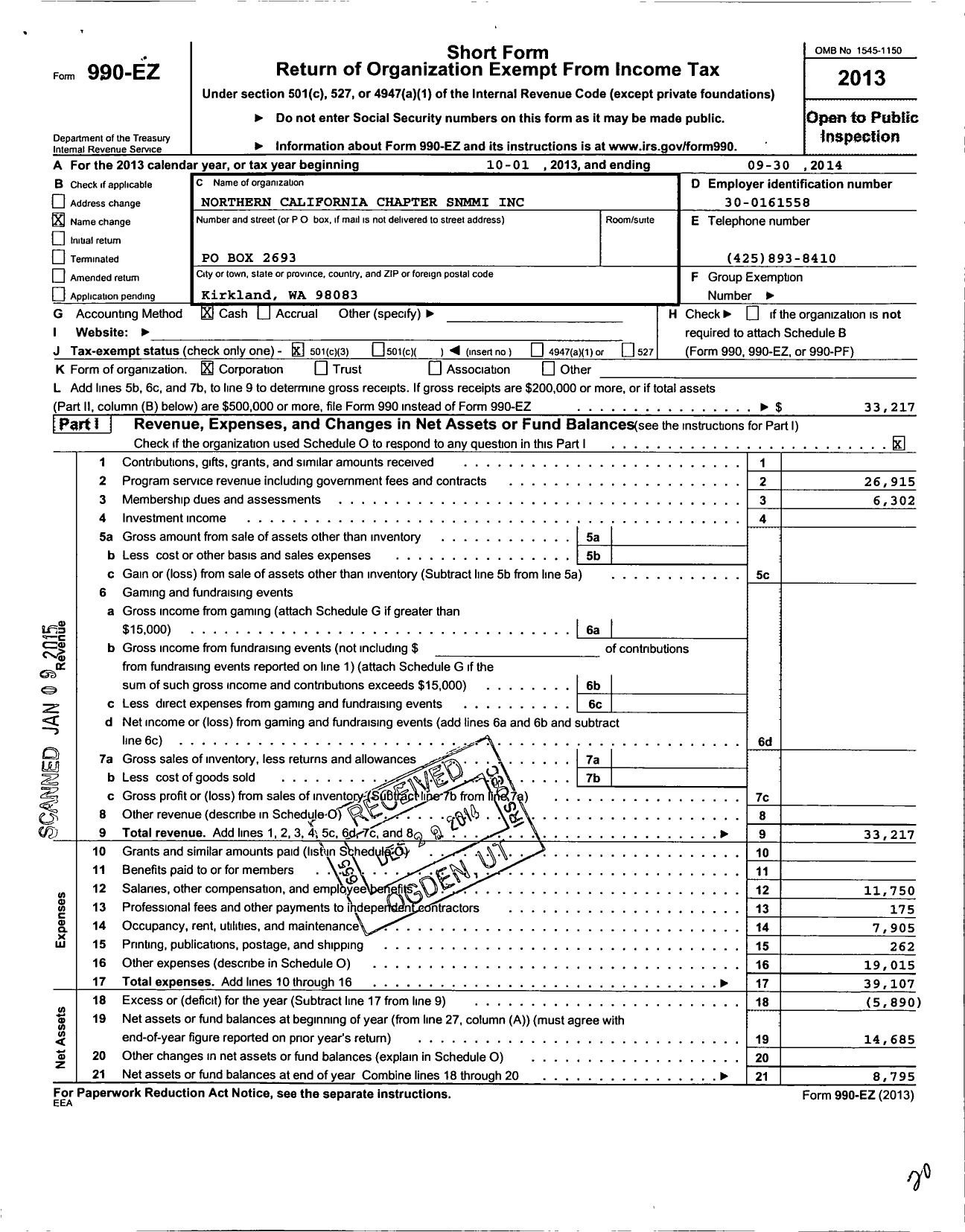 Image of first page of 2013 Form 990EZ for Northern California Chapter Snmmi