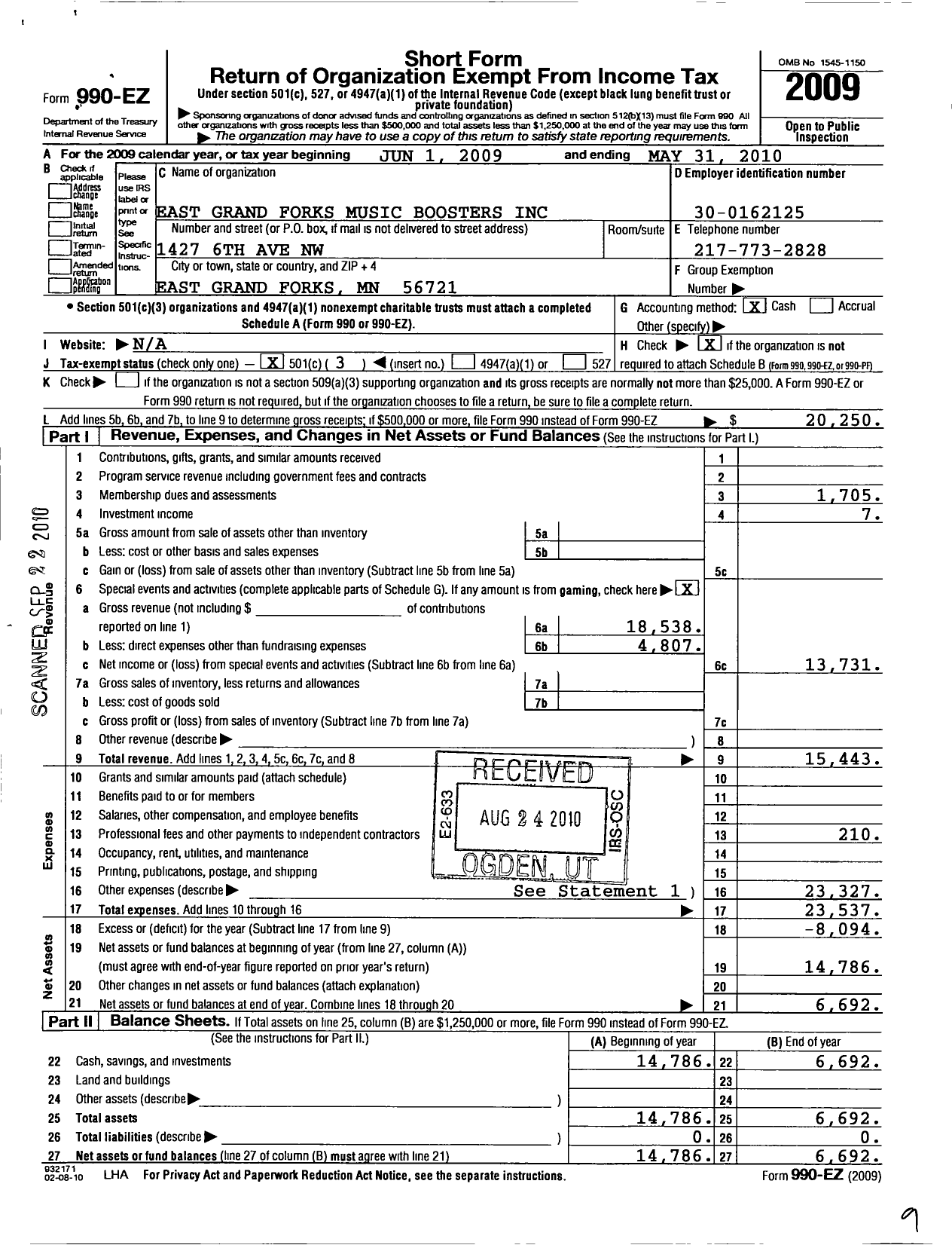 Image of first page of 2009 Form 990EZ for East Grand Forks Music Boosters