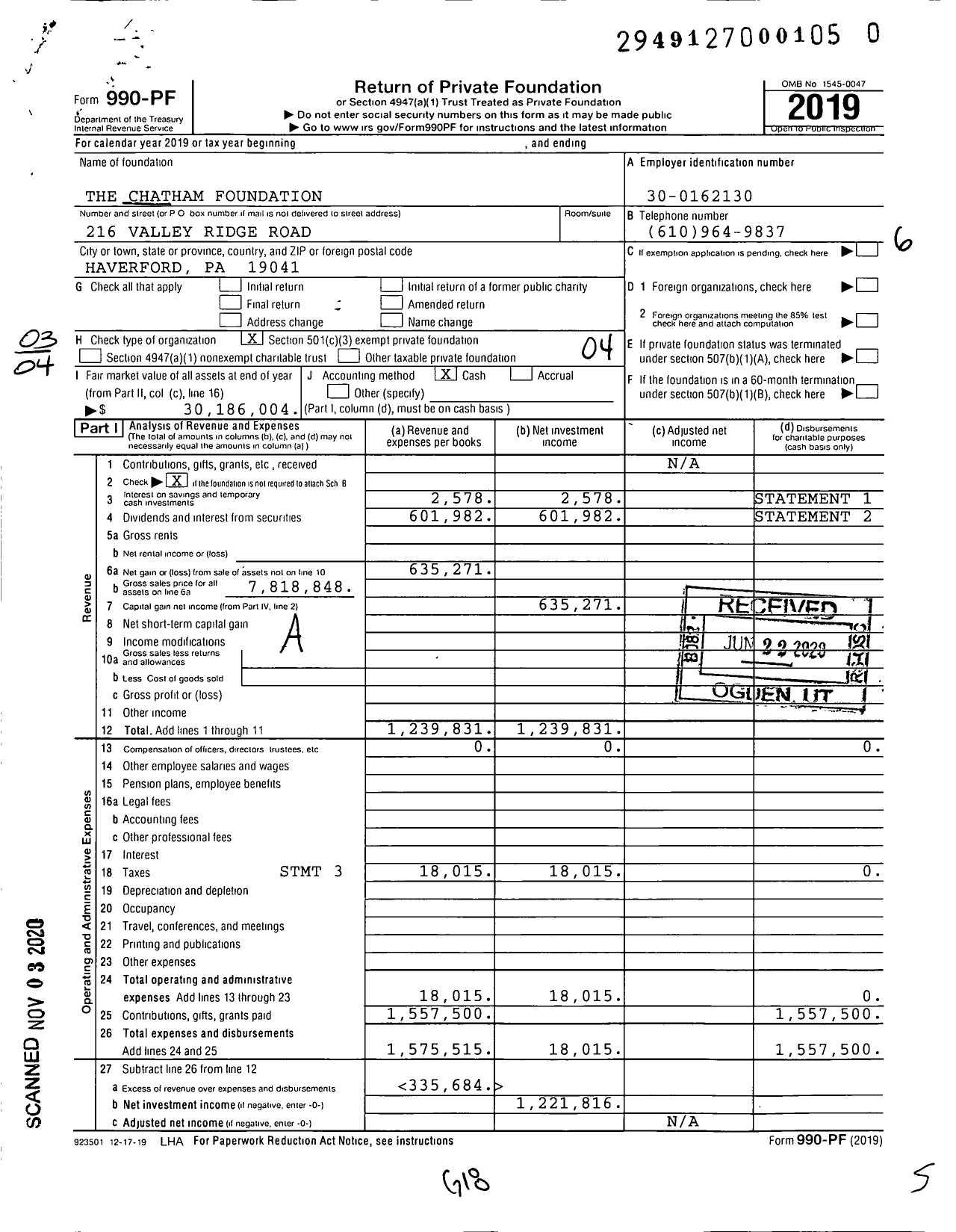 Image of first page of 2019 Form 990PF for The Chatham Foundation