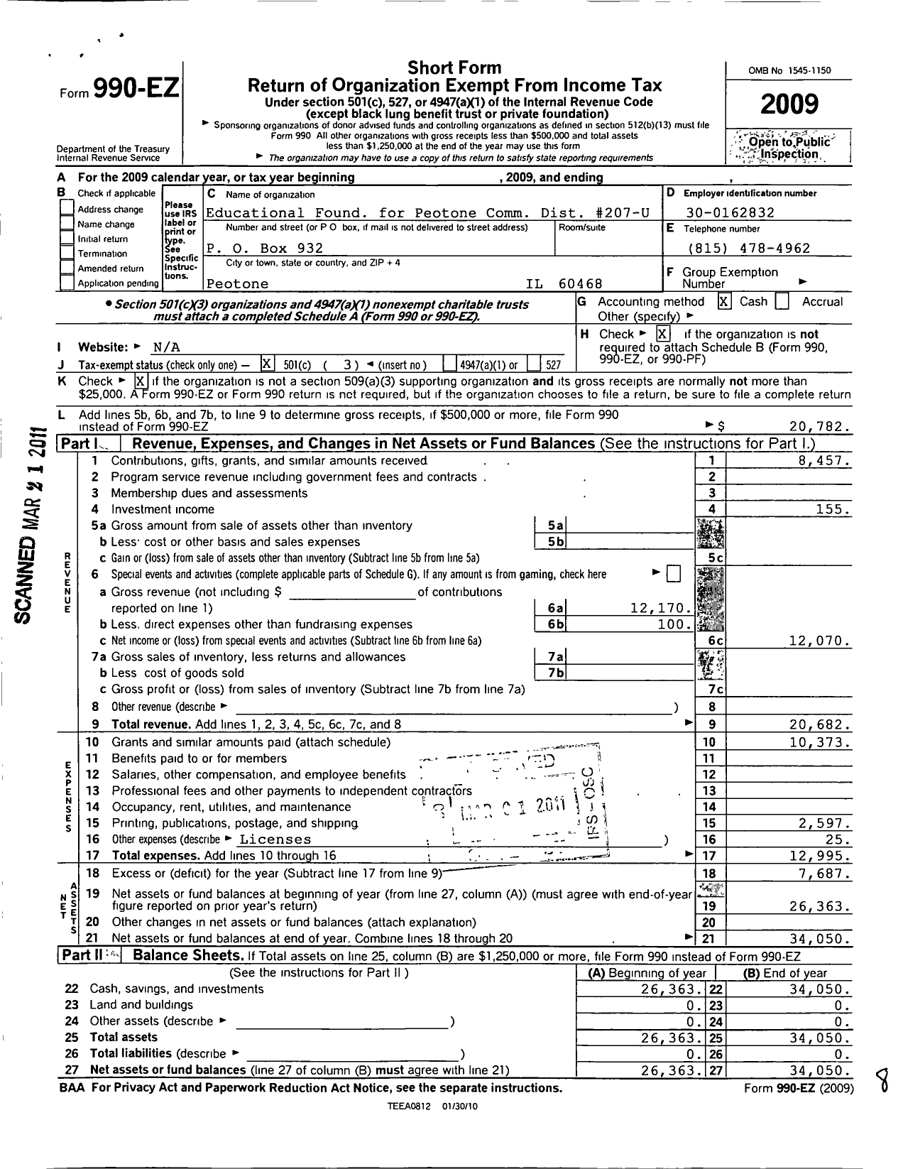 Image of first page of 2009 Form 990EZ for Educational Found for Peotone Comm Dist 207-u