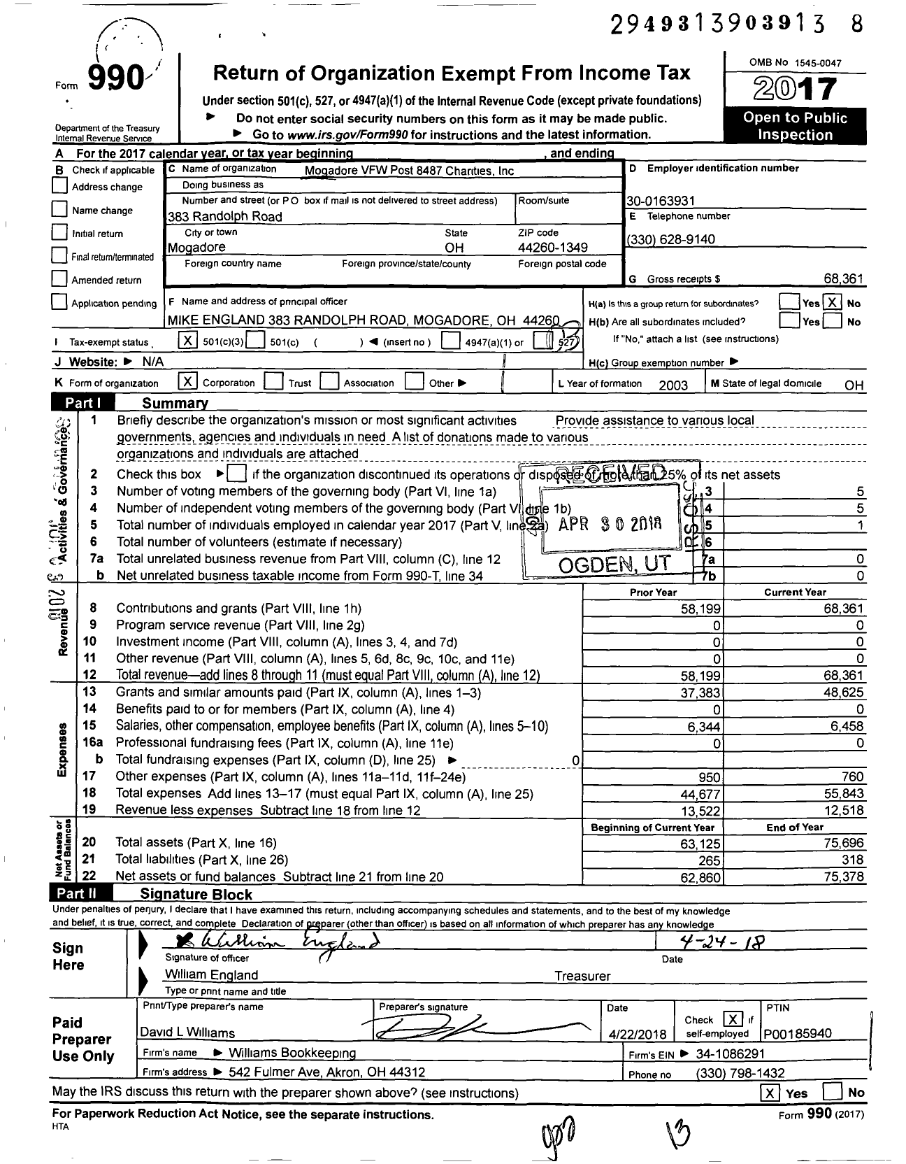 Image of first page of 2017 Form 990 for Mogadore VFW Post 8487 Charities