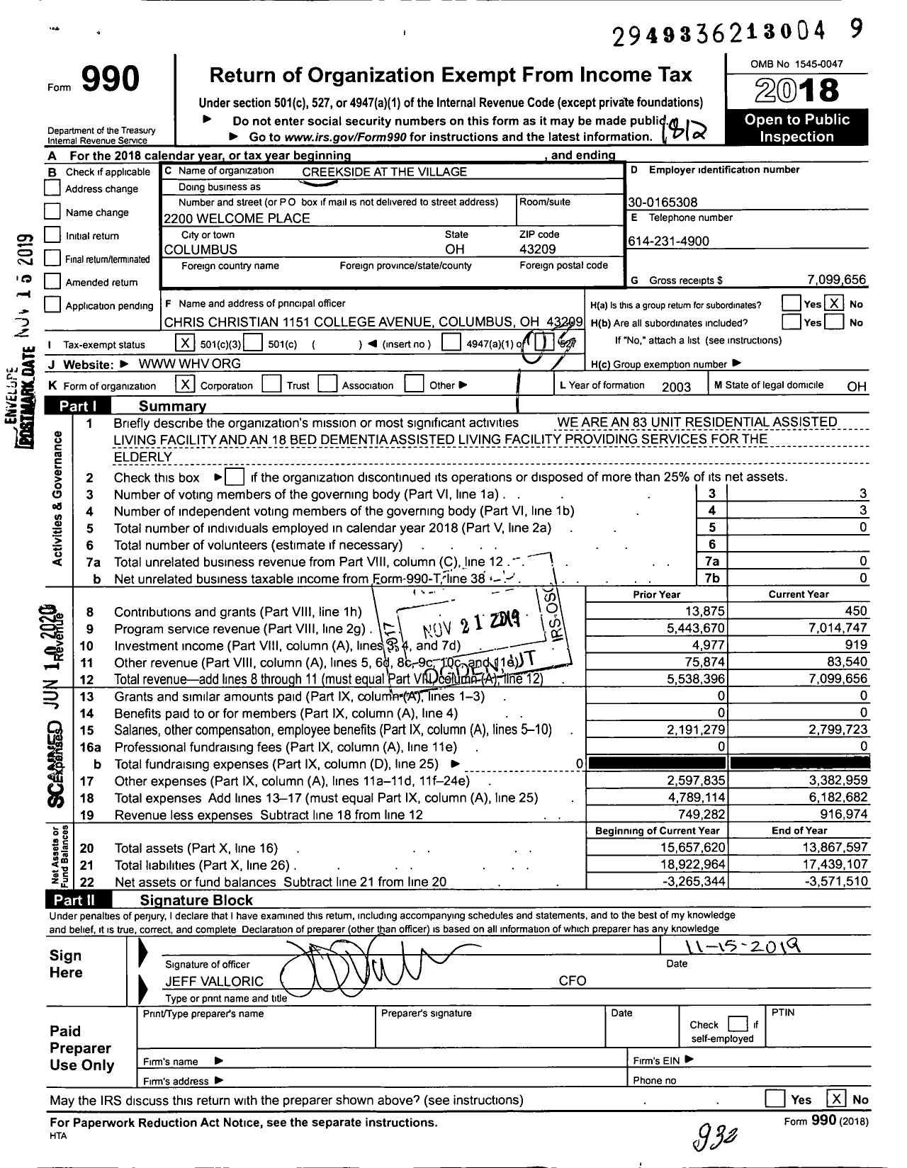 Image of first page of 2018 Form 990 for Creekside at the Village