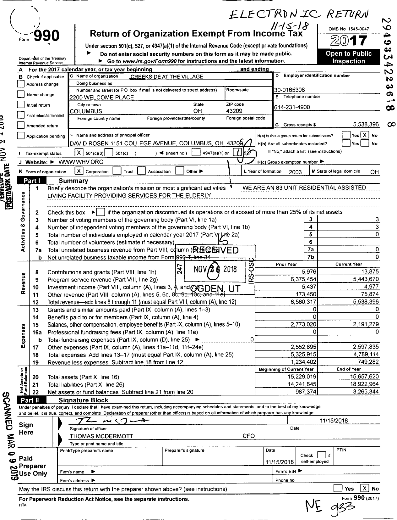 Image of first page of 2017 Form 990 for Creekside at the Village