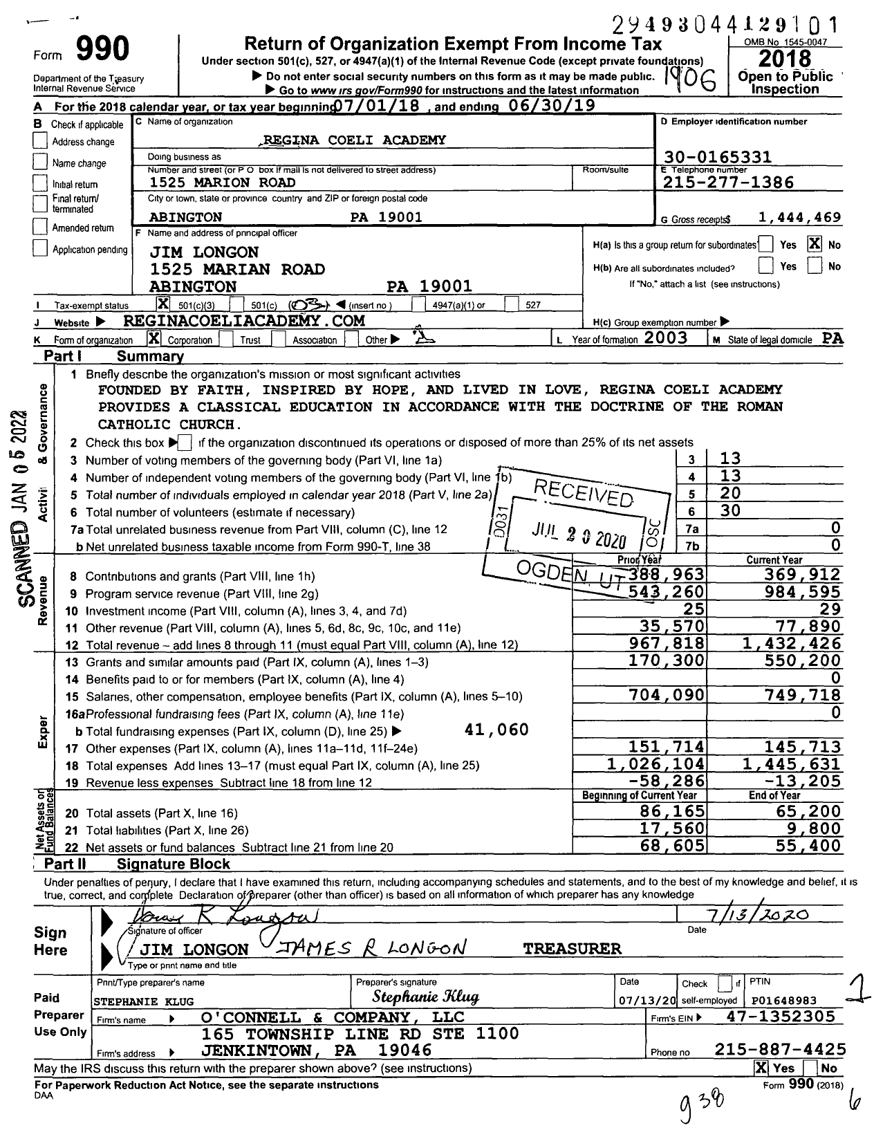 Image of first page of 2018 Form 990 for Regina Coeli Academy