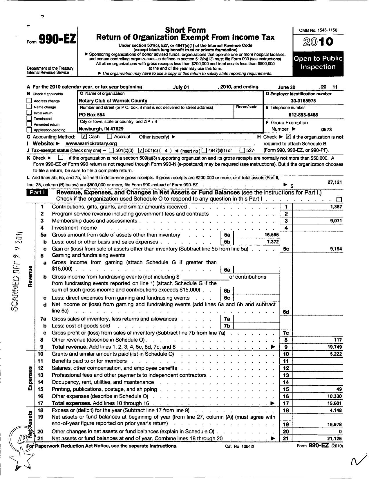 Image of first page of 2010 Form 990EO for Rotary International - Warrick County Rotary Club