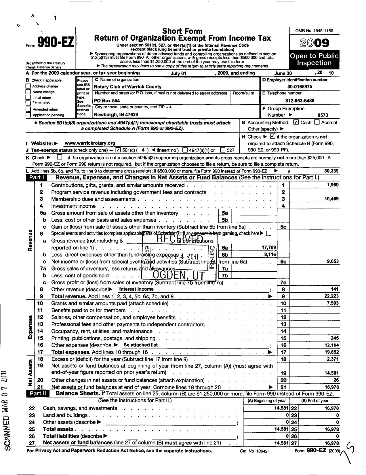 Image of first page of 2009 Form 990EO for Rotary International - Warrick County Rotary Club