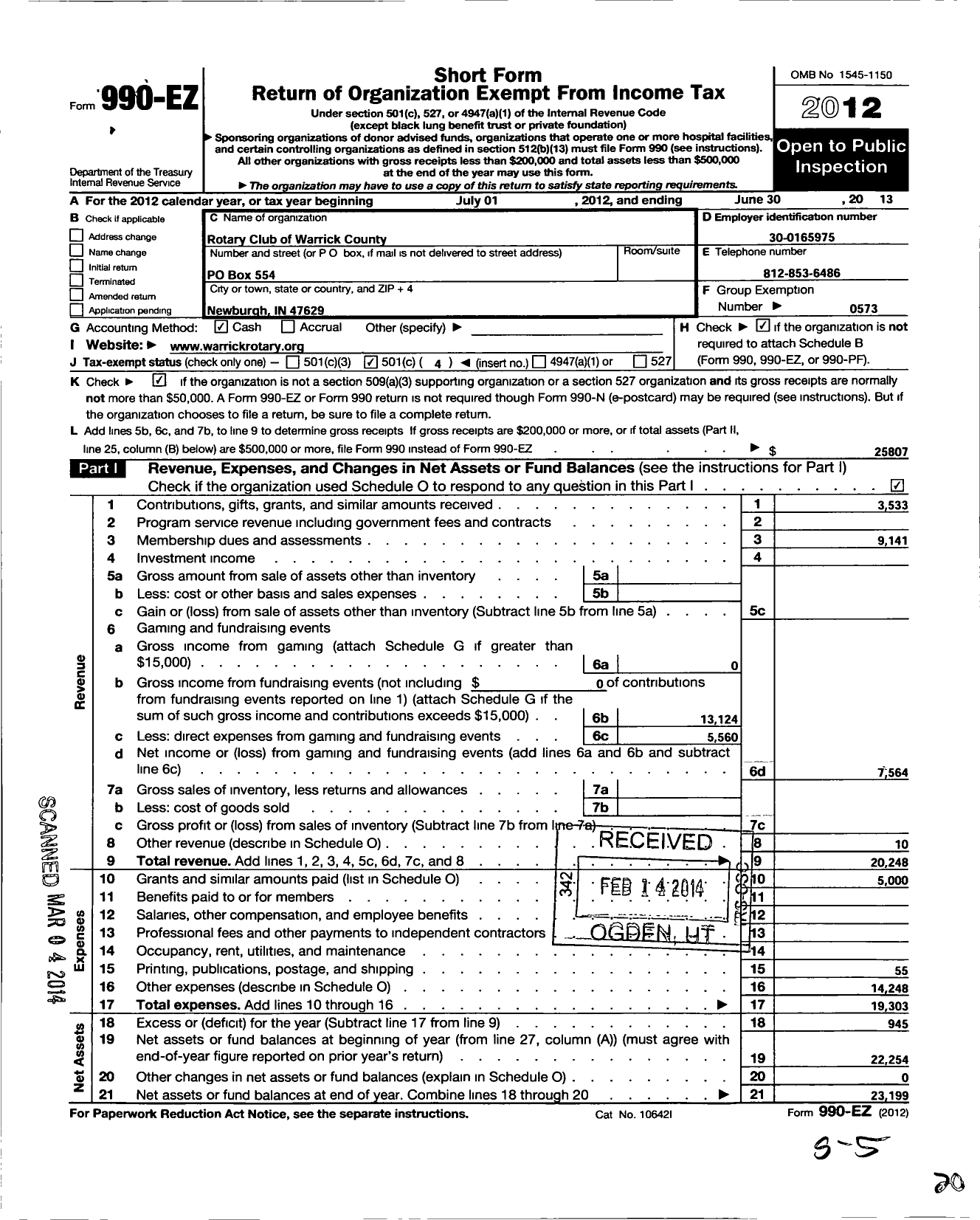 Image of first page of 2012 Form 990EO for Rotary International - Warrick County Rotary Club