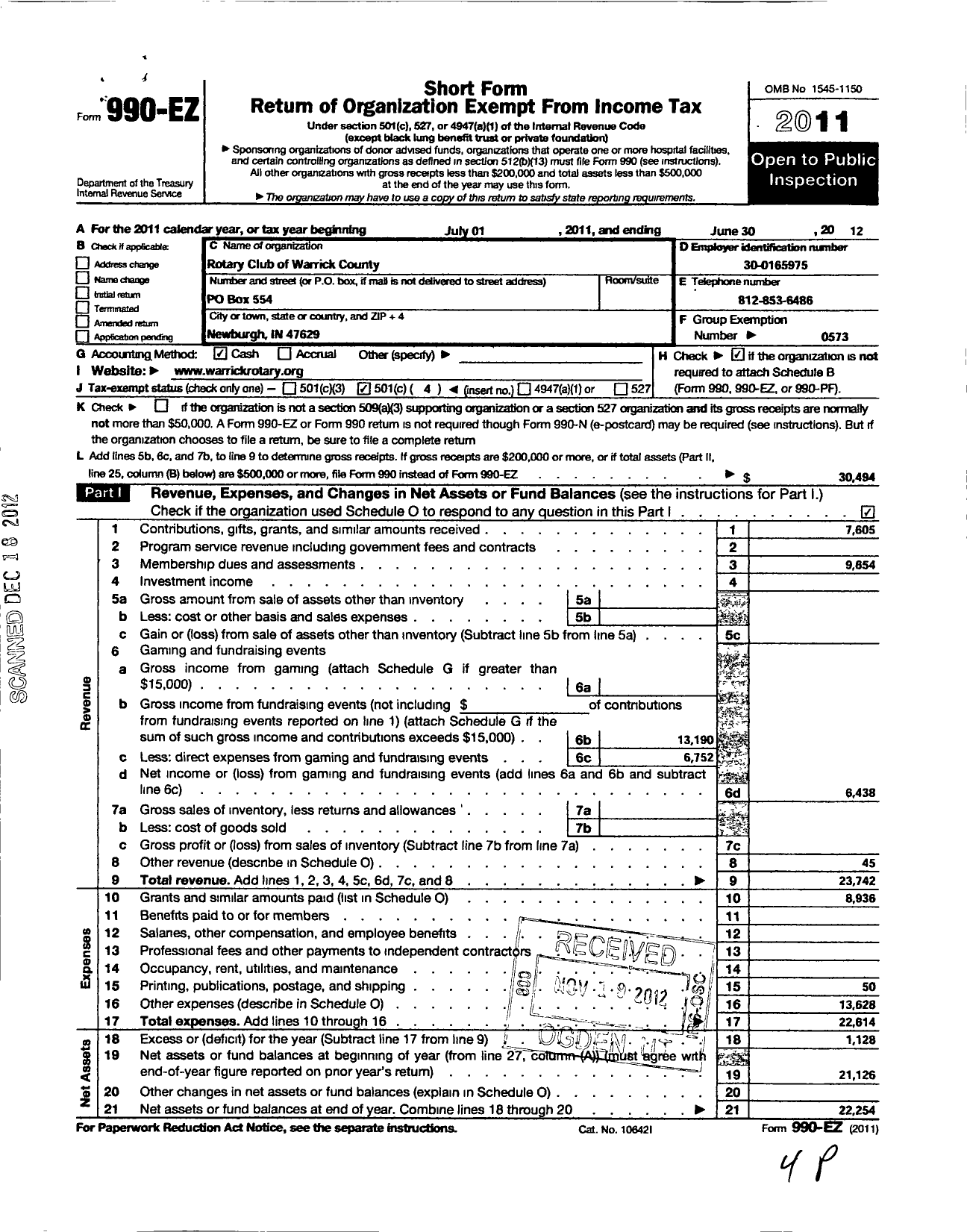 Image of first page of 2011 Form 990EO for Rotary International - Warrick County Rotary Club