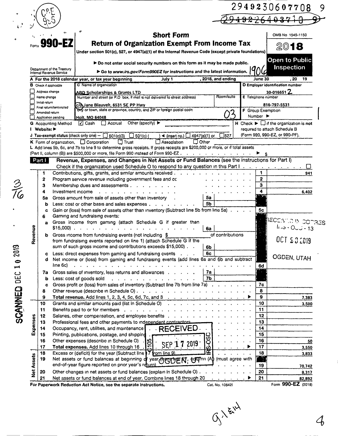 Image of first page of 2018 Form 990EZ for Abd Scholarships and Grants Program