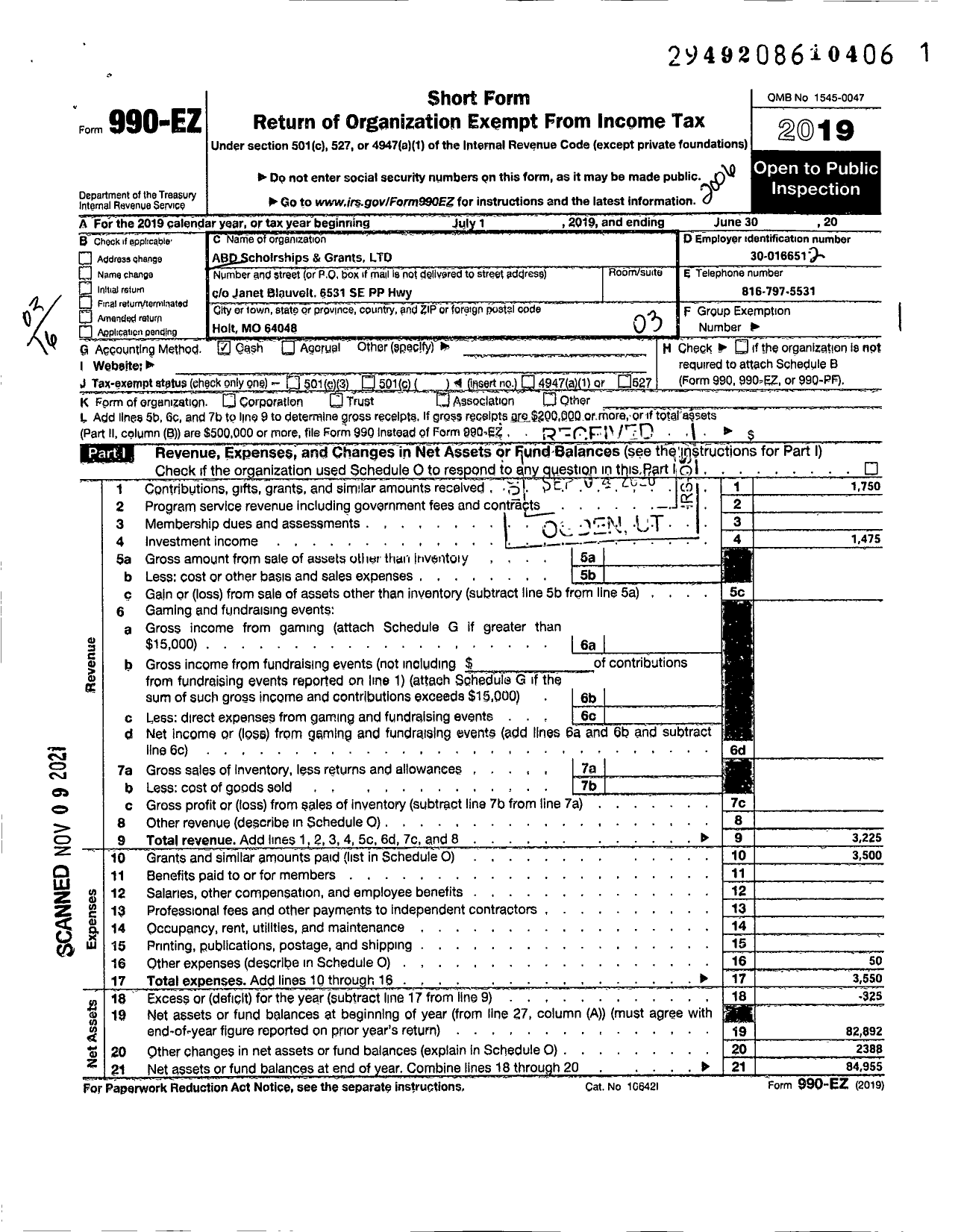 Image of first page of 2019 Form 990EZ for Abd Scholarships and Grants Program