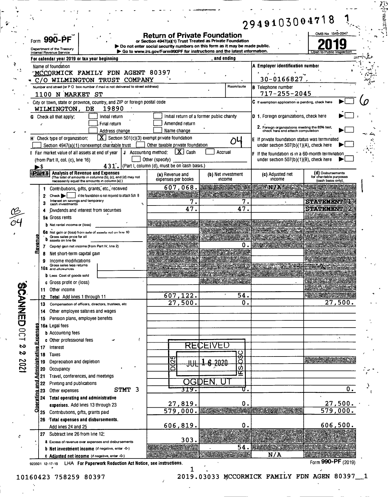 Image of first page of 2019 Form 990PF for Mccormick Family Foundation Agent 80397