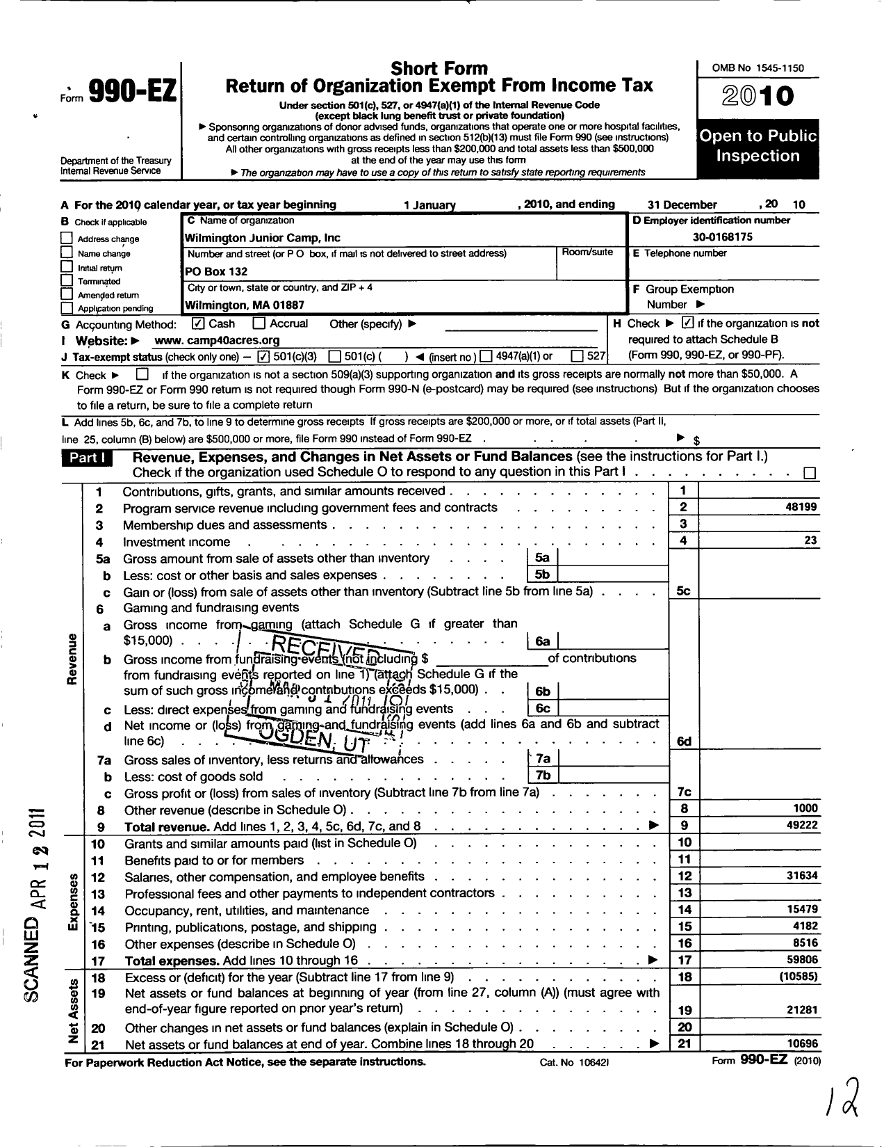 Image of first page of 2010 Form 990EZ for Wilmington Junior Camp