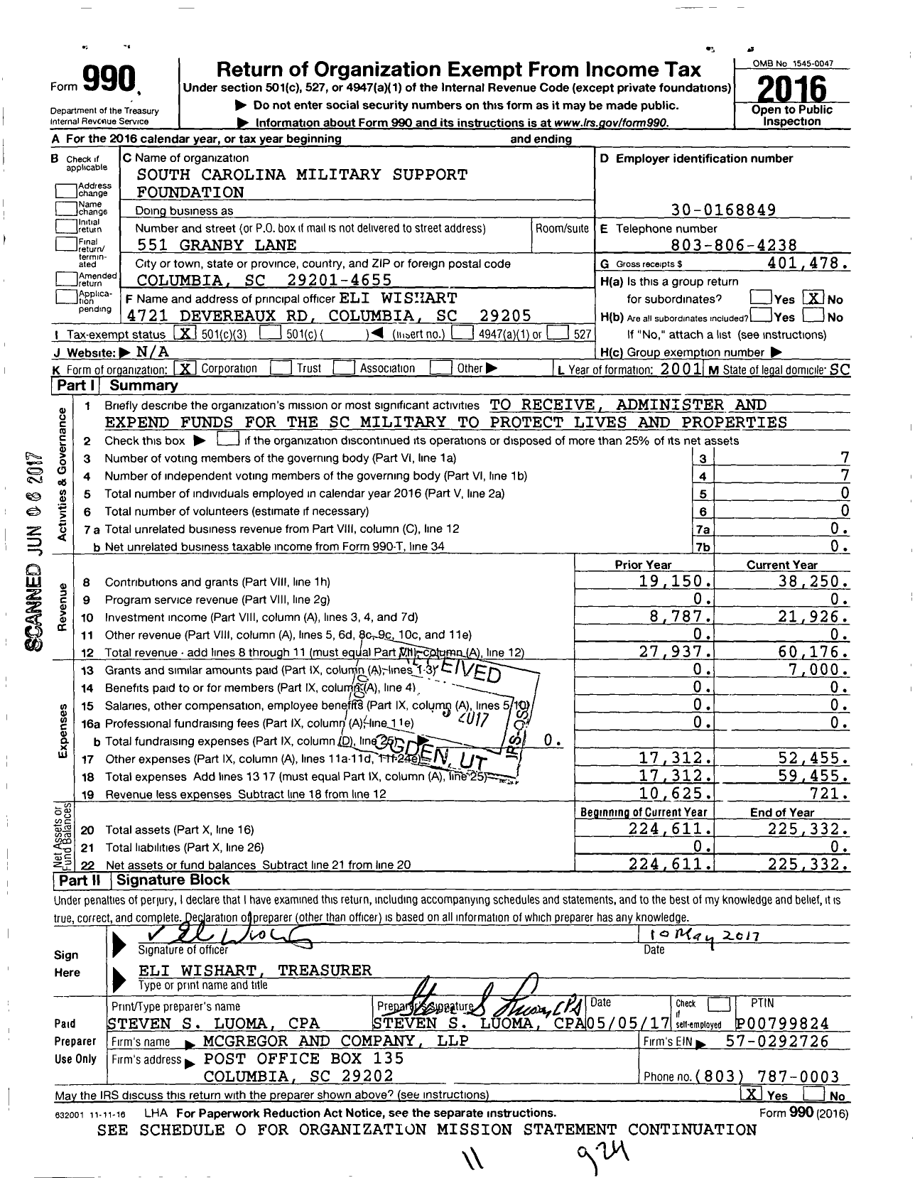 Image of first page of 2016 Form 990 for South Carolina Military Support Foundation