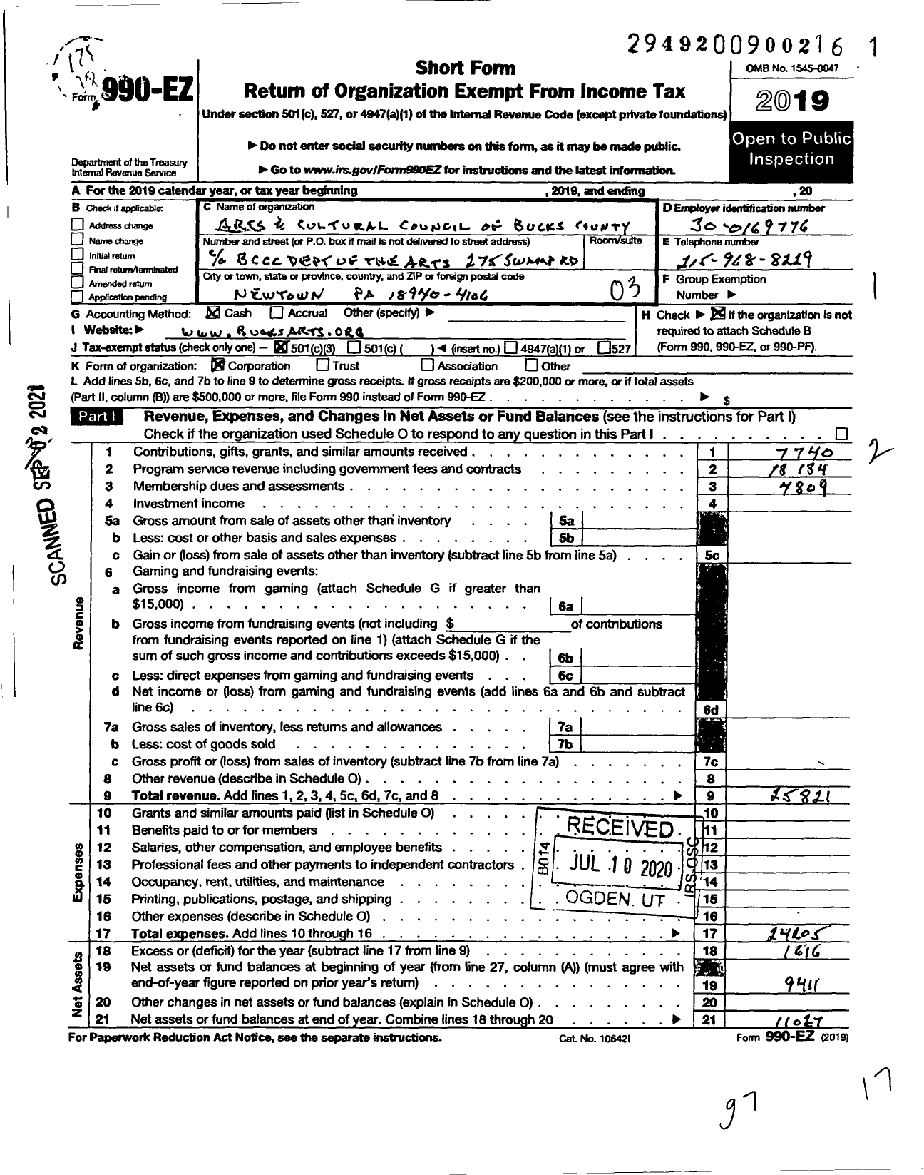 Image of first page of 2019 Form 990EZ for Arts and Cultural Council of Bucks County