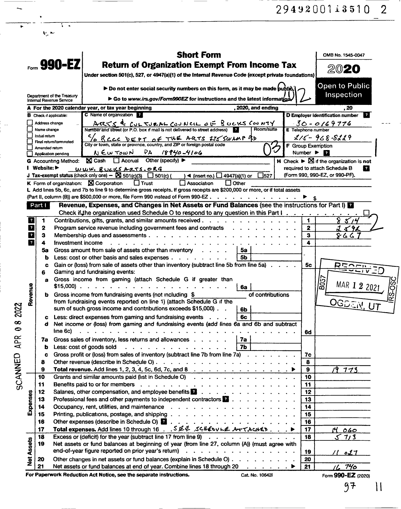 Image of first page of 2020 Form 990EZ for Arts and Cultural Council of Bucks County