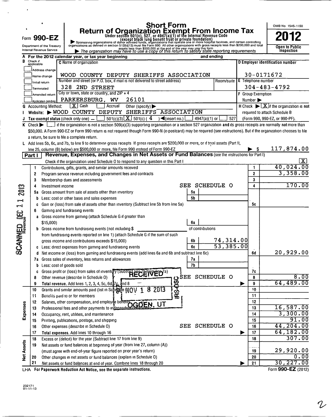 Image of first page of 2012 Form 990EO for Wood County Deputy Sheriffs Association