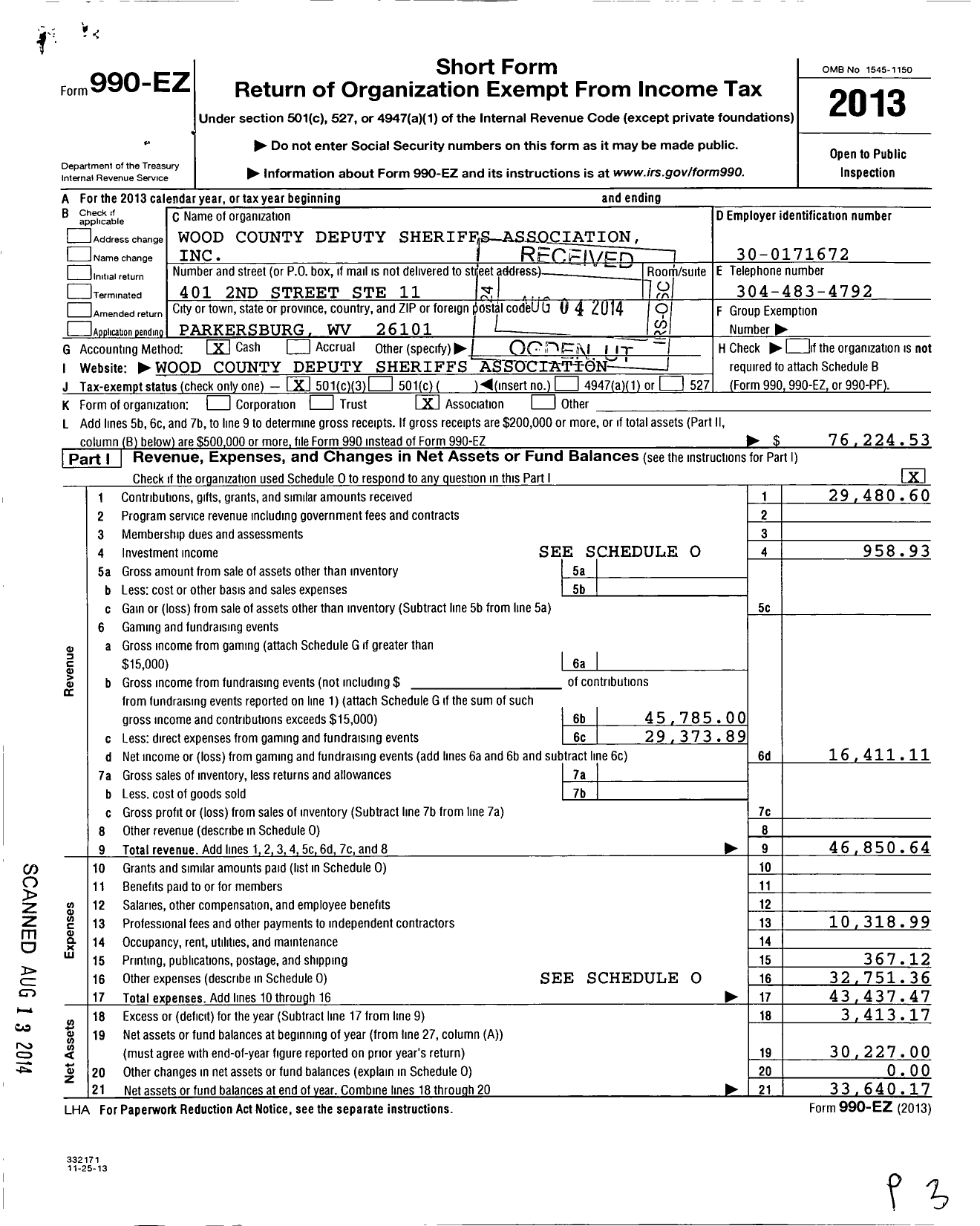 Image of first page of 2013 Form 990EZ for Wood County Deputy Sheriffs Association