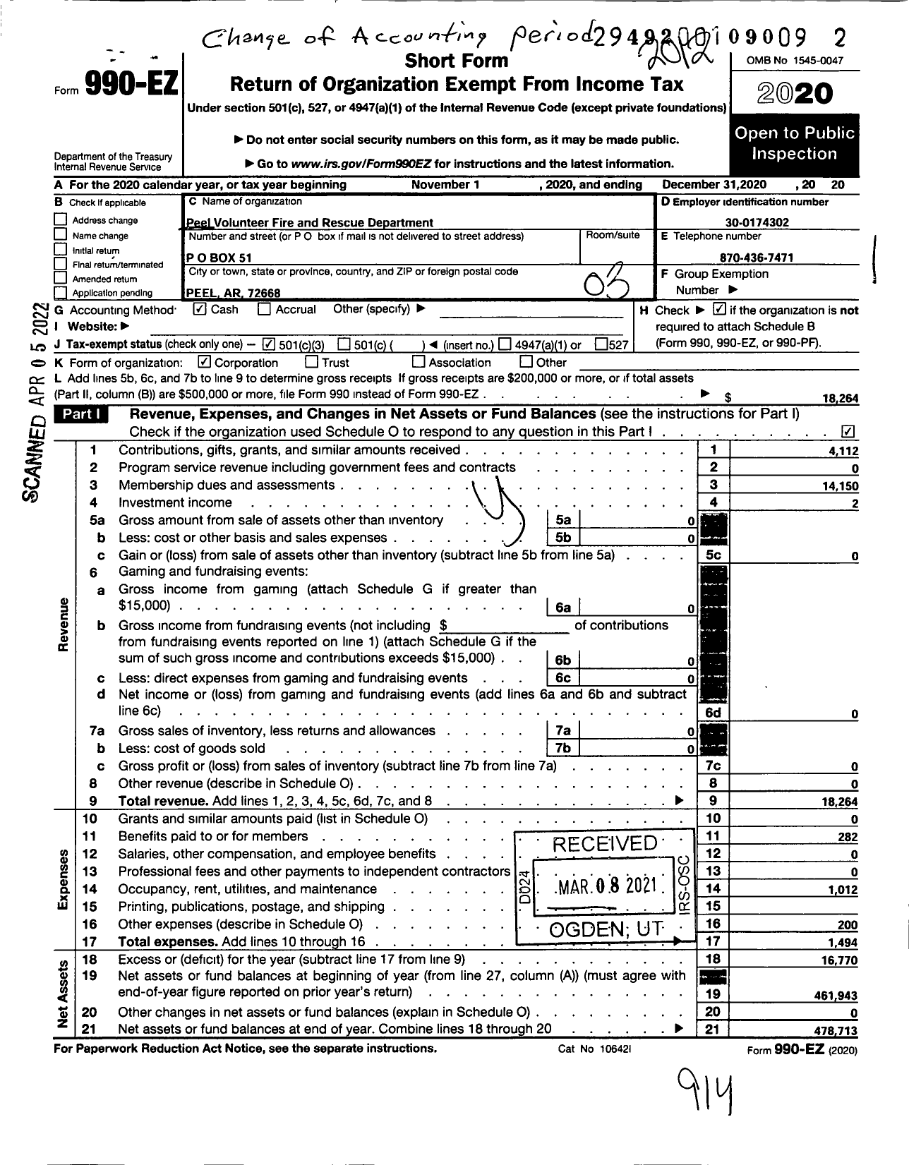 Image of first page of 2020 Form 990EZ for Peel Fire Protection District