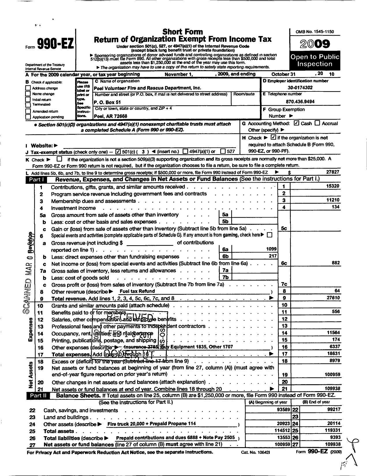 Image of first page of 2009 Form 990EZ for Peel Fire Protection District