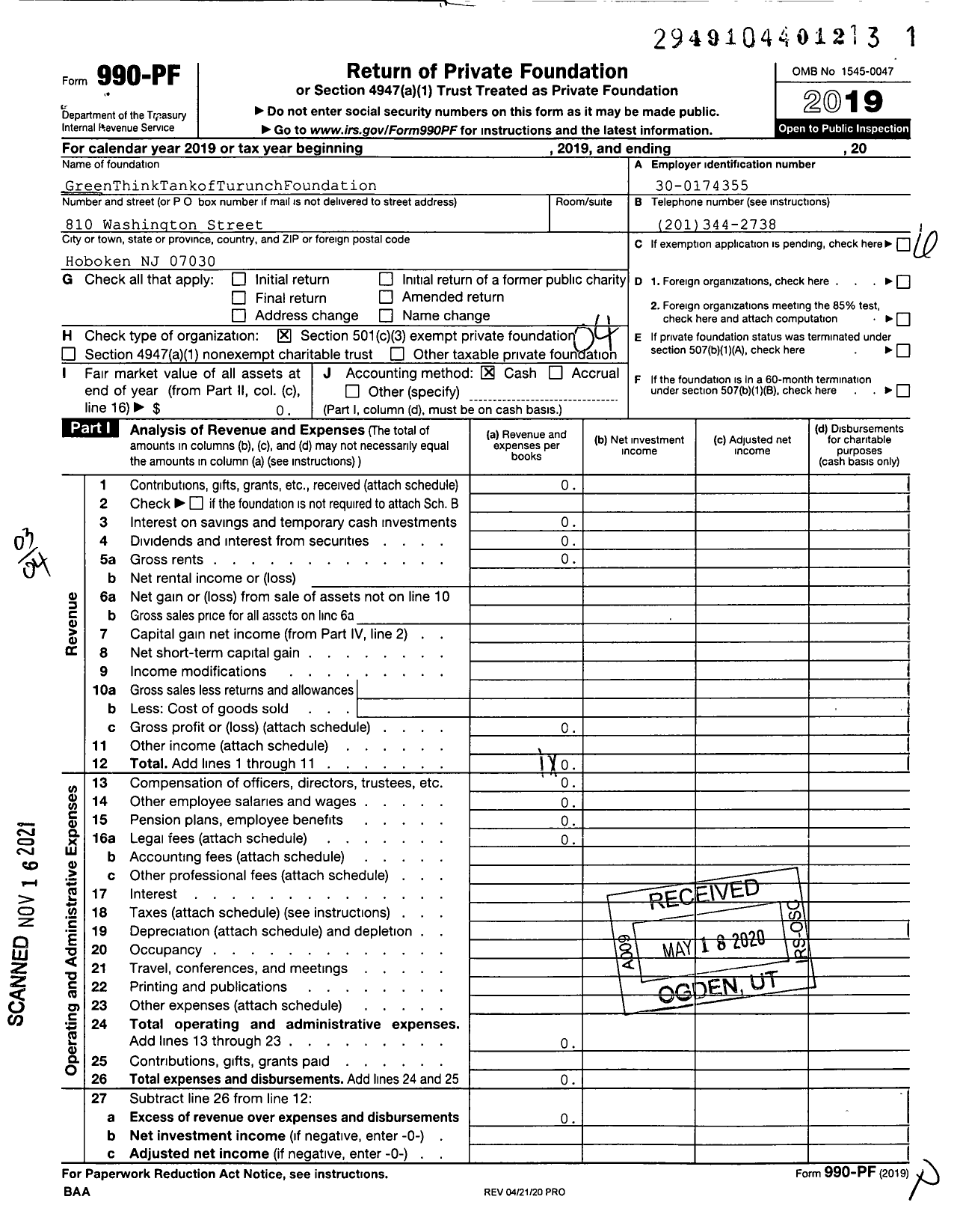 Image of first page of 2019 Form 990PF for GreenThinkTank ofTurunch Foundation