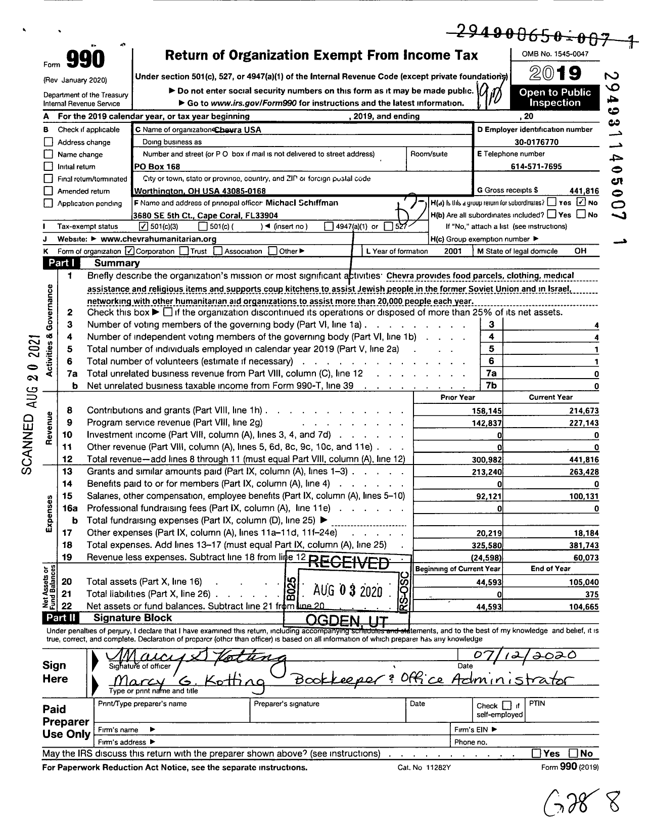 Image of first page of 2019 Form 990 for Chevra USA