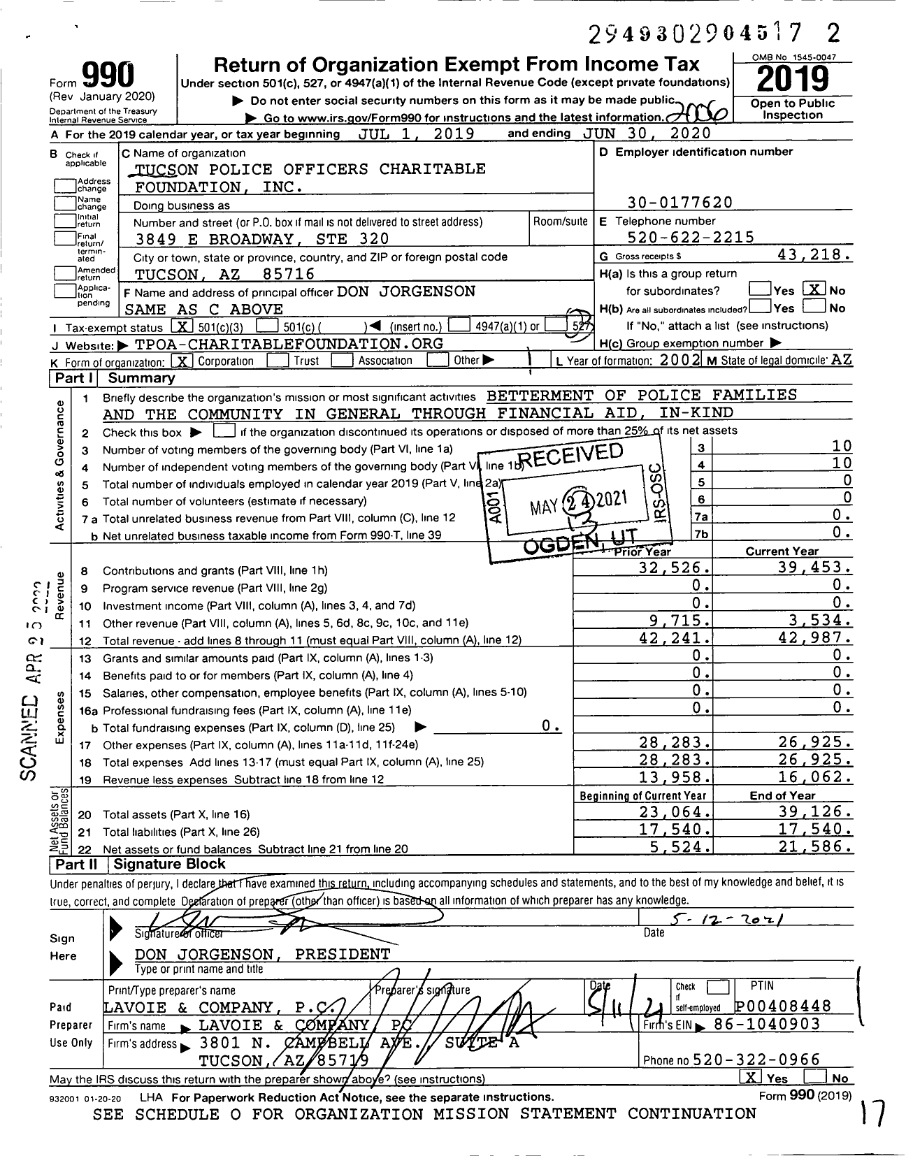 Image of first page of 2019 Form 990 for Tucson Police Officers Charitable Foundation