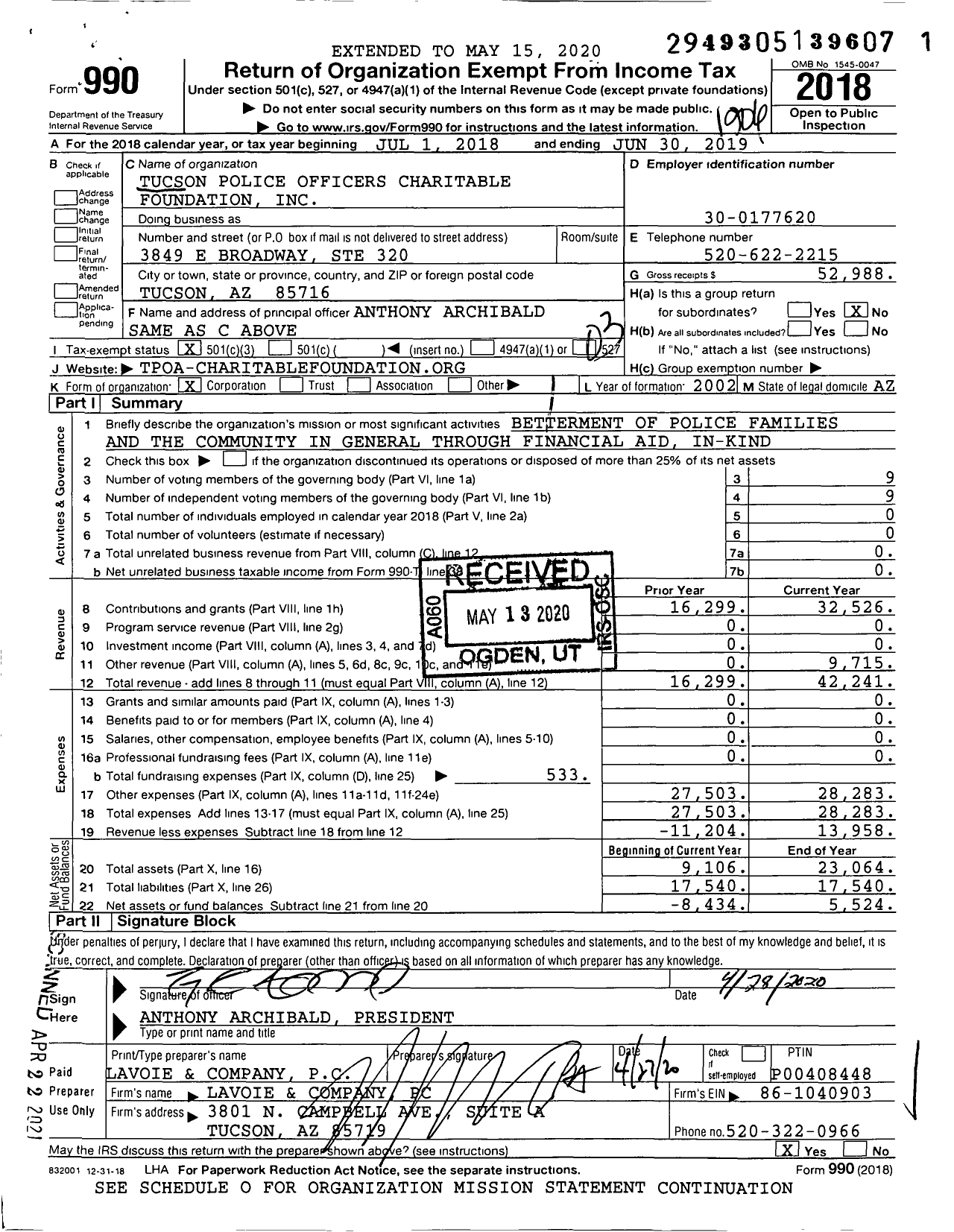 Image of first page of 2018 Form 990 for Tucson Police Officers Charitable Foundation