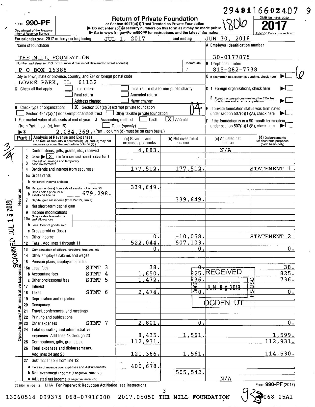 Image of first page of 2017 Form 990PF for The Mill Foundation