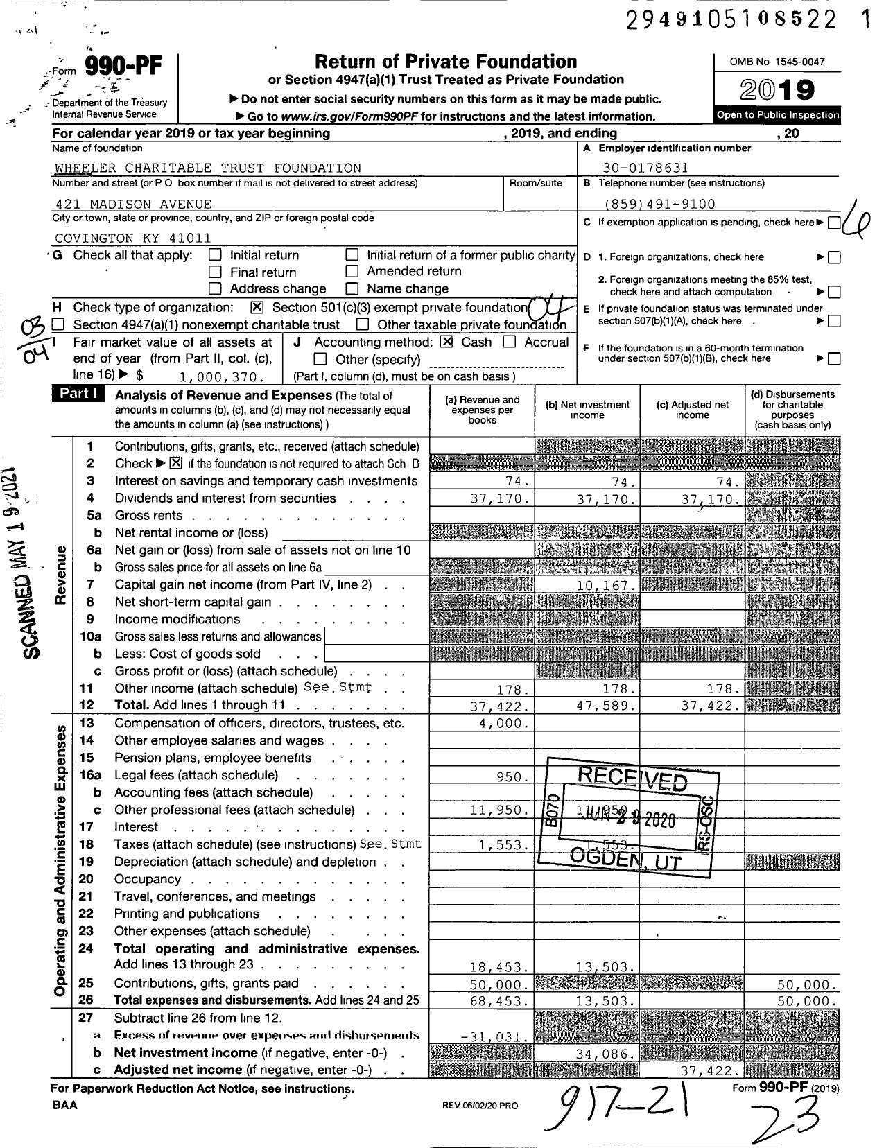 Image of first page of 2019 Form 990PF for Wheeler Charitable Trust Foundation