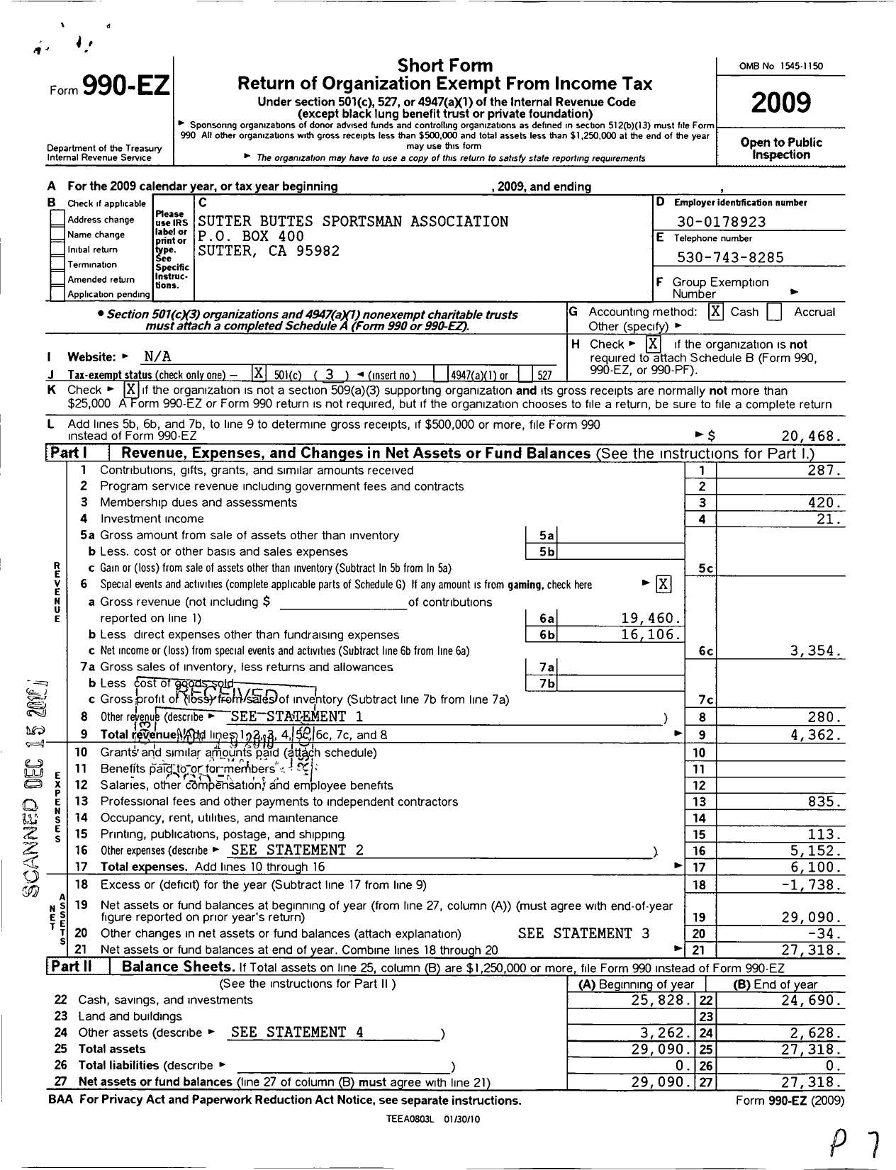 Image of first page of 2009 Form 990EZ for Sutter Buttes Sportsman Association