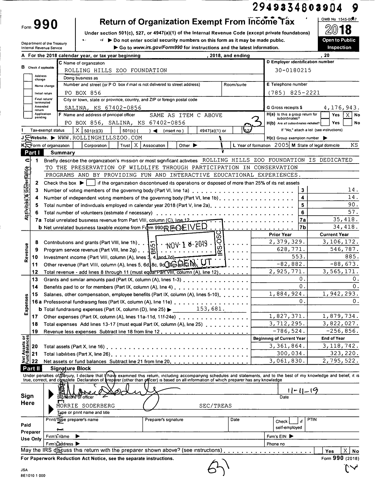 Image of first page of 2018 Form 990 for Rolling Hills Zoo