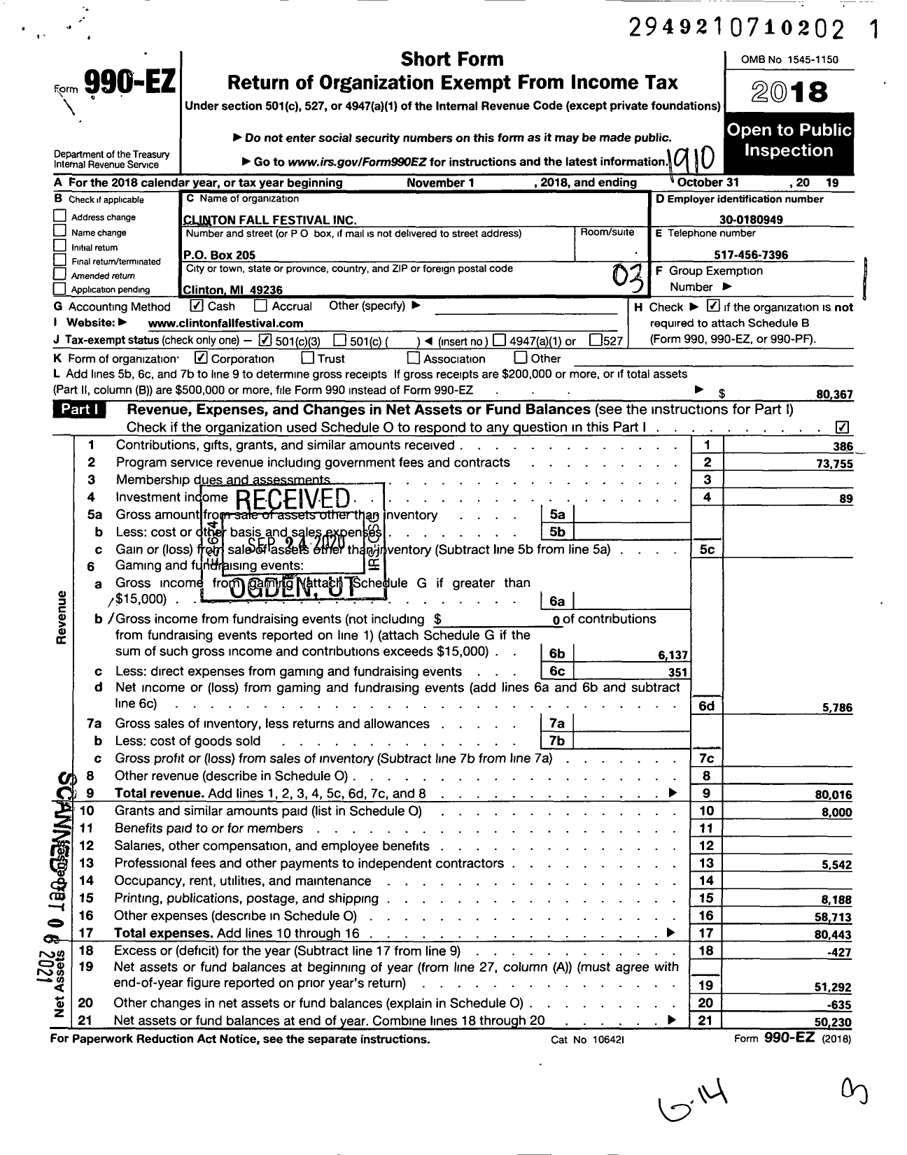 Image of first page of 2018 Form 990EZ for Clinton Fall Festival