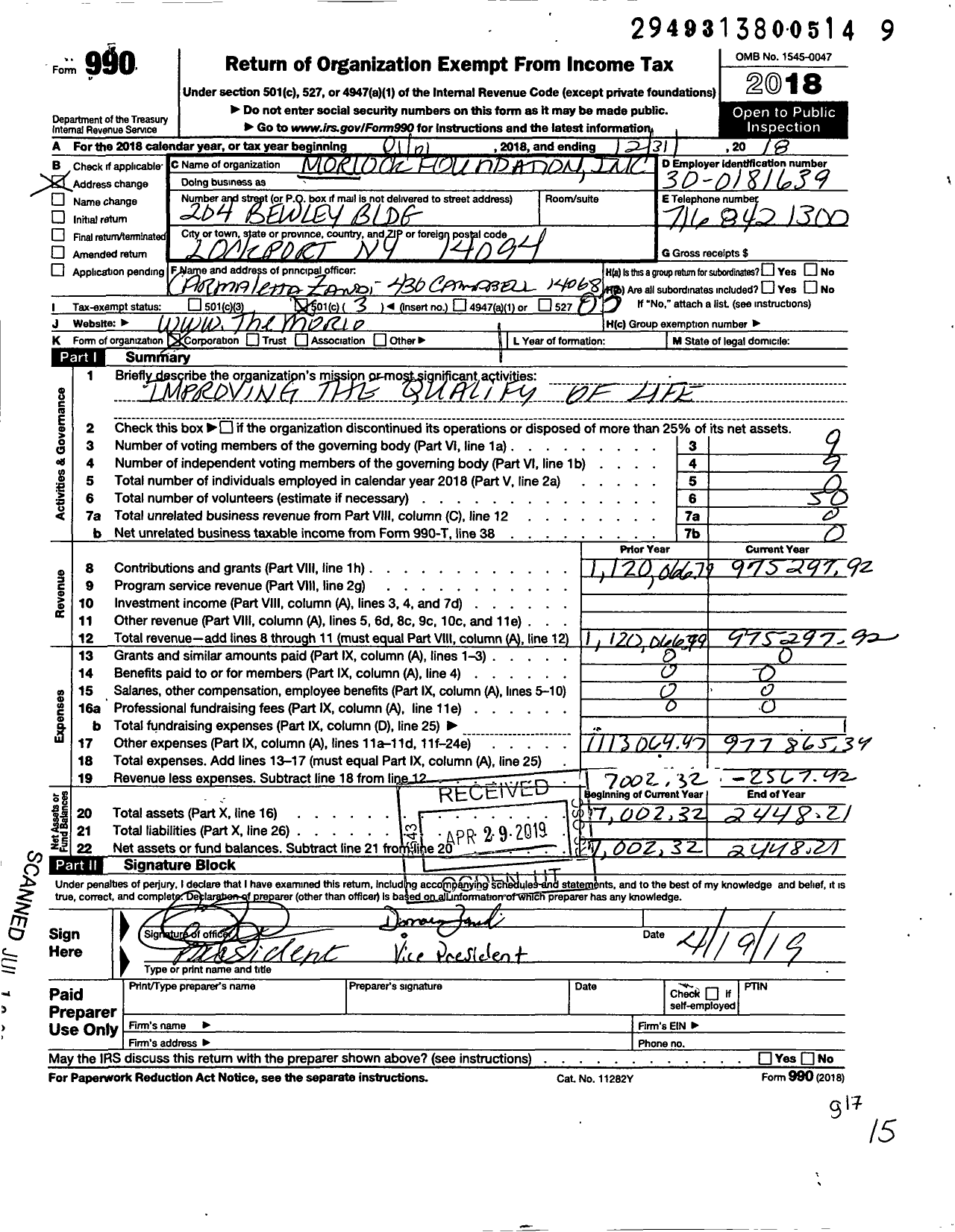 Image of first page of 2018 Form 990 for Morlock Foundation