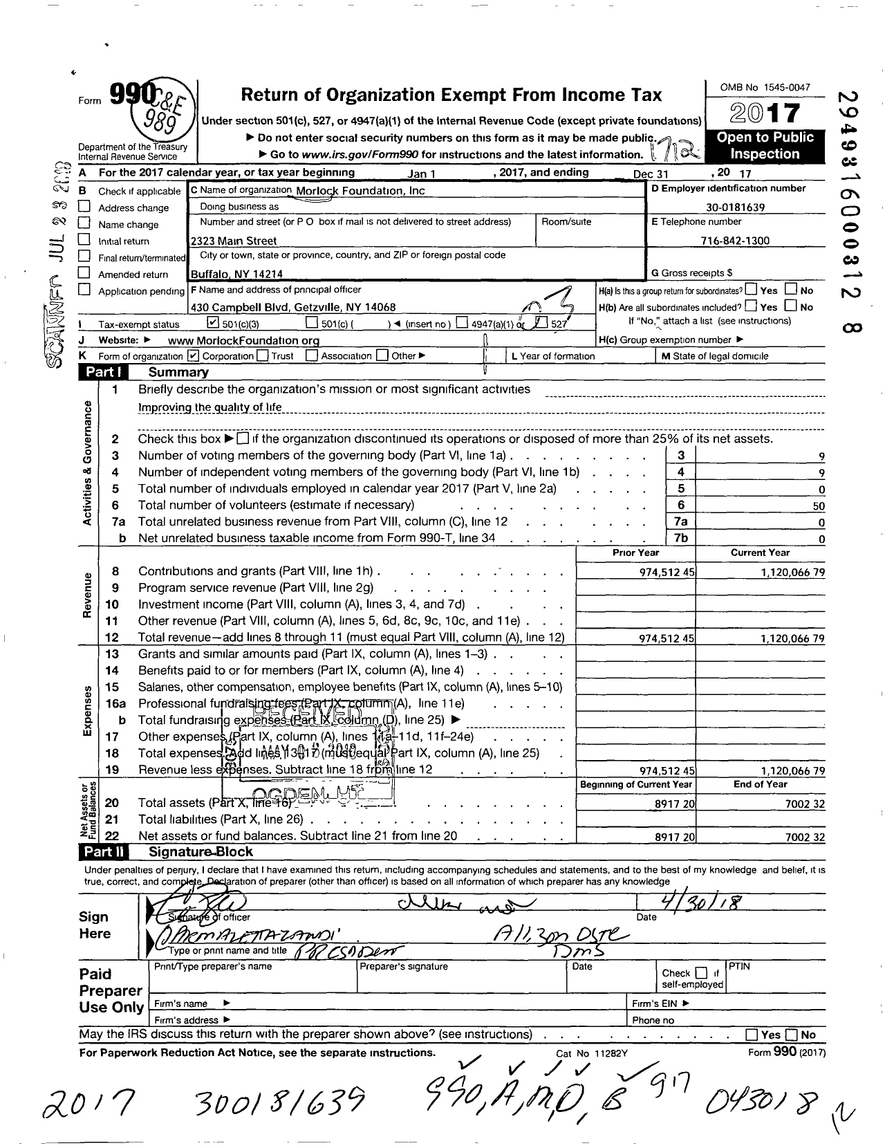 Image of first page of 2017 Form 990 for Morlock Foundation