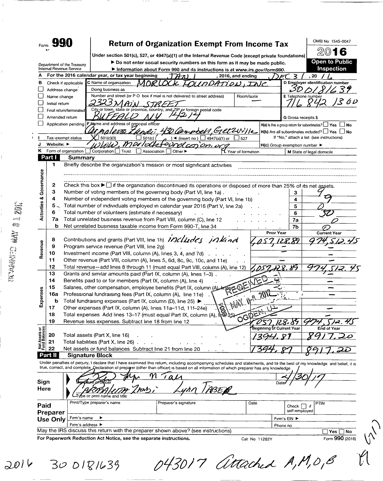Image of first page of 2016 Form 990 for Morlock Foundation